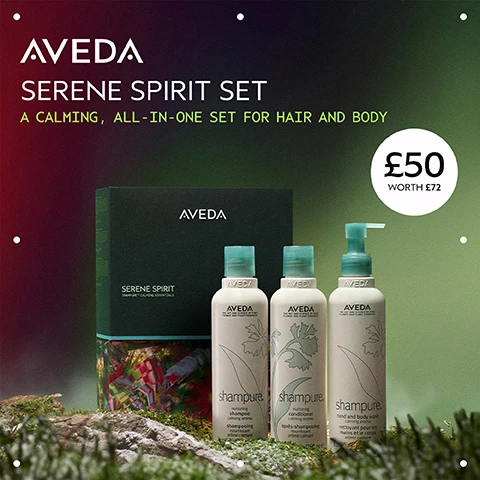 Image 1 - A gift set featuring a dark green Aveda box with colorful patterned bottom and three light beige Aveda Shampure bottles (shampoo, conditioner, hand and body wash) with teal caps, sitting on mossy rocks against a blurred gradient background, is shown alongside a white circular price tag, with the visible text AVEDA SERENE SPIRIT SET A CALMING, ALL-IN-ONE SET FOR HAIR AND BODY, £50 WORTH £72, AVEDA SERENE SPIRIT SHAMPURE™ CALMING ESSENTIALS on the box, and on each bottle AVEDA THE ART AND SCIENCE OF PURE FLOWER AND PLANT ESSENCES shampure calming aroma 250 MLE, specifically identifying nurturing shampoo shampooing nourrissant arome calmant, nurturing conditioner après-shampooing nourrissant arome calmant, and hand and body wash nettoyant pour les mains et le corps arome calmant. Image 2 - A before-and-after image features a woman with shoulder-length brown hair; on the left, labeled BEFORE, her hair is straight and appears unwashed, while on the right, labeled AFTER, her hair is wavy and voluminous, with additional text stating Results with Shampure Nurturing Shampoo and Conditioner, Smooth Infusion Style-Prep Smoother, Control Paste and Control Force. Blow dried hair. Image 3 - The image displays sprigs of lavender, white orange blossom flowers, and yellow-green ylang-ylang flowers arranged on a light blue-green circle against a dark green background, with the text POWER YOUR PEACE and A CALMING AROMA WITH A BLEND OF 25 PURE FLOWER AND PLANT ESSENCES INCLUDING LAVENDER, PETITGRAIN, AND YLANG YLANG. Image 4 - A hand holds a white Aveda Shampure shampoo bottle with a teal cap, against a dark green background with visible water droplets; the overlaid text reads CLEANSES AND NOURISHES FINE TO MEDIUM HAIR, and the bottle text includes AVEDA THE ART AND SCIENCE OF PURE FLOWER AND PLANT ESSENCES shampure nurturing shampoo calming aroma shampooing nourrissant arôme calmant. Image 5 - A hand holds a white AVEDA bottle with a teal cap, dispensing a thick white product into an open palm, with overlaying text that reads INSTANTLY DETANGLES, NOURISHES AND ADDS SHINE. Image 6 - A white Aveda Shampure hand and body wash bottle with a teal pump is surrounded by yellow-green flowers and leaves on a blue background, with the text Gentle cleanser for hands and body with the iconic Shampure™ aroma, Aveda, The art and science of pure flower and plant essences, Shampure™, hand and body wash calming aroma, and nettoyant pour les mains et le corps crème calmant. Image 7 - An image with a dark green to reddish-purple gradient background and sparkling lights features the text Embrace the True Spirit of Care, Gift high-performance hair and body care crafted with naturally derived ingredients.*, followed by an Aveda Vegan logo, a stylized flask with a plant logo, the text 96% Naturally Derived*, a Cruelty Free International leaping bunny logo, and footnote text *On average, naturally derived per ISO 16128 standard, based on volumes sold. From plant sources, non-petroleum mineral sources, and/or water.
