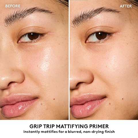 Image 1 - A side-by-side image shows a persons face from eyebrow to mouth, with the left side labeled BEFORE showing shinier skin and the right side labeled AFTER showing mattified, blurred skin, accompanied by the text GRIP TRIP MATTIFYING PRIMER Instantly mattifies for a blurred, non-drying finish. Image 2 - A close-up of a person applying a mattifying primer to their face, with overlaid text that reads: HALF PRIMER, HALF SKINCARE -A GRIP YOULL TRIP FOR. GRIP TRIP MATTIFYING PRIMER. INSTANTLY MATTIFIES. RESISTS SWEAT + HUMIDITY. EXTENDS MAKEUP FOR UP TO 12 HOURS. WONT PILL UNDER FOUNDATION. NO FLASHBACK. SILICONE-FREE + NONCOMEDOGENIC. Image 3 - An image displays a white pump bottle containing pink spiral product with Fenty Beauty text, a beaker of amber liquid, a white cap with FB logo, and green plant material on an orange background, accompanied by text reading Made With... Chia Seed Extract Mattifies + controls surface oil and Maple Sap Extract Grips to skin + extends makeup wear. Image 4 - An image of a Fenty Beauty primer bottle, with pink primer swirling inside and splashing outwards, with FENTY BEAUTY visible vertically on the bottle, and accompanying text that reads 100% AGREE THIS PRIMER, Feels lightweight + breathable, Creates the perfect canvas for foundation, Makes skin look more even + smooth, and a footnote that reads Based on a consumer study of 31 people. Image 5 - A four-panel image shows a persons face with before and after makeup stages, and a product bottle. The top left panel shows a face with text BEFORE, the top right shows the face with text PRIMER ONLY, the bottom left shows the face with text GRIP TRIP HYDRATING PRIMER + PRO FILTR FOUNDATION #225, and the bottom right shows a Fenty Beauty bottle with pink product against a pink background with text BLURRED FILTER -EFFECT FINISH INSTANTLY MATTIFIES FOR A BLURRED NON-DRYING FINISH FENTY BEAUTY. Image 6 - An image titled Pick Your Primer, showcasing two Fenty Beauty Grip Trip primers: the Hydrating Primer, shown in a bottle with purple coiled product and a purple swatch, with accompanying text Hydrates, plumps + smooths and Naturally hydrated finish; and the Mattifying Primer, shown in a bottle with peachy-pink coiled product and a peachy-pink swatch, with accompanying text Instantly mattifies for a blurred finish and Controls surface oil + shine. Image 7 - A four-panel image shows a person with dark skin demonstrating three steps of product application: dispensing a pea-sized amount onto their hand (1.), smoothing the product onto their bare face (2.), and smiling while holding the product bottle (3.), with the fourth panel displaying text that reads GRIP TRIP APPLICATION TIPS, Step 1: Pump a pea-size amount onto fingertips, Step 2: Smooth onto bare skin, focusing on oily areas (i.e. the T-Zone), Step 3: Apply your favorite foundation.