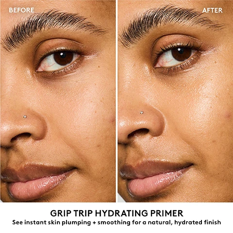 Image 1 - A split image shows a close-up of a persons face, with the left side labeled BEFORE displaying skin with texture and some dryness, and the right side labeled AFTER revealing visibly smoother, plumper, and hydrated skin with a natural, dewy finish, alongside the text Grip Trip Hydrating Primer See instant skin plumping + smoothing for a natural, hydrated finish. Image 2 - A persons face with a hand applying a pink hydrating primer to their cheek is shown on the right, alongside product information on a purple background on the left that reads: Half Primer, Half Skincare - A Grip Youll Trip For, Instantly Hydrates, Resists Sweat + Humidity, Extends Makeup For Up To 12 Hours, Wont Pill Under Foundation, No Flashback, Silicone-Free + Noncomedogenic, and Grip Trip Hydrating Primer. Image 3 - A Fenty Beauty primer bottle with purple spiral formula stands between a flask of maple sap extract next to a maple leaf, and a flask of butterfly lavender extract next to lavender sprigs, on an orange background, with visible text reading: MADE WITH... MAPLE SAP EXTRACT Grips to skin + extends makeup wear BUTTERFLY LAVENDER EXTRACT Hydrates + plumps skin FENTY BEAUTY. Image 4 - A pink and purple gradient background features a tall Fenty Beauty primer bottle with a purple coiled substance inside and purple liquid splashing around it, next to large black text that states 100% AGREE THIS PRIMER, followed by three bullet points: Makes skin feel hydrated, Creates the perfect canvas for foundation, and Makes skin look more even + smooth, with a small footnote at the bottom left reading *Based on a consumer study of 31 people. Image 5 - A four-panel image displays a persons skin showing before product application, then with primer only, and finally with Grip Trip Hydrating Primer + SoftLit Foundation #310, alongside a Fenty Beauty product bottle on a pink background with text that reads Naturally Hydrated-Looking Skin, Instantly Plumps + Smooths for a Natural, Hydrated Finish. Image 6 - The image features a split display of two Fenty Beauty primers, under the header Pick Your Primer: the top section shows a purple bottle of Grip Trip Hydrating Primer with a purple swatch and benefits listed as Hydrates, plumps + smooths, Naturally hydrated finish; the bottom section shows a peach bottle of Grip Trip Mattifying Primer with a peach swatch and benefits listed as Instantly mattifies for a blurred finish, Controls surface oil + shine. Image 7 - A woman applies a purple skincare product to her face after dispensing it onto her hand, alongside a text panel providing instructions: GRIP TRIP APPLICATION TIPS, Step 1: Pump a pea-size amount onto fingertips, Step 2: Smooth onto bare skin, focusing on dry areas (i.e. under the eyes), Step 3: Apply your favorite foundation.