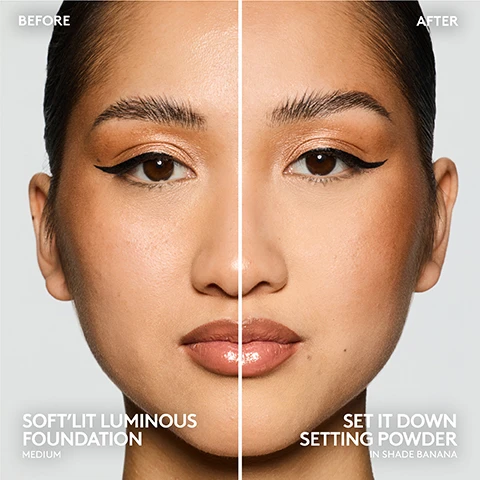 Image 1 - A persons face is split vertically, showing a before and after comparison of makeup application, with the left side labeled BEFORE displaying skin with visible texture and the right side labeled AFTER showing a smoother, more even complexion, with additional text SOFTLIT LUMINOUS FOUNDATION MEDIUM on the left and SET IT DOWN SETTING POWDER IN SHADE BANANA on the right. Image 2 - The image displays a Fenty Beauty setting powder shade guide featuring eight diverse models and eight powder jars with swatches ranging from light to deep, alongside the text FIND YOUR SHADE USE YOUR PRO FILTR OR SOFTLIT SHADE FAMILY TO FIND YOUR BEST SET IT DOWN SHADE MATCH, and individual shade names: LIGHT LAVENDER, LIGHT + LIGHT-MEDIUM STRAWBERRY MILK, LIGHT + LIGHT-MEDIUM BUTTER, MEDIUM BANANA, MEDIUM-DEEP CASHEW, MEDIUM-DEEP HONEY, DEEP CINNAMON, DEEP MOCHA. Image 3 - A dark-skinned woman with glossy lips holds a round brown cosmetic jar, with text overlaying the image that reads: SET, EXTEND + DEFEND WITHOUT THE WEIGHT, followed by a list: Instantly mattifies, reduces shine + surface oil; Immediately blurs + improves the look of pores; Comfortable non-drying wear; Not cakey or patchy; No oxidation or white cast. Image 4 - An open Fenty Beauty compact with light-colored loose powder and a dropper bottle beside green moss are displayed on a terracotta background, with text that reads MADE WITH FENTY BEAUTY HYALURONIC ACID Humectant that helps retain moisture in skin CHIA SEED EXTRACT Instantly mattifies for all-day oil + shine control HOLLOW SOFT-FOCUS + MATTIFYING POWDER BLEND Light-as-air texture, helps blur the look of pores + imperfections. Image 5 - A close-up of a persons face featuring an eye with winged eyeliner and a mouth with glossy pink-red lipstick, next to promotional text that reads: 100% AGREE THIS POWDER IS LIGHTWEIGHT, COMFORTABLE + BLURRING, followed by a list of benefits: Waterproof + transfer-proof, Resists sweat + humidity, Extends makeup wear, No flashback, Prevents creasing, Noncomedogenic, and a small footnote: *In a consumer study of 31 people. Image 6 - An open jar of Fenty Beauty compact powder in a beige shade is shown next to its silver hexagonal lid and a black powder puff, with text overlaying the image that reads TWIST THE TABS TO LOCK + PROTECT FROM SPILLS and POWDER PUFF INCLUDED FOR TARGET APPLICATION, and FENTY BEAUTY is visible on the lid and puff strap. Image 7 - The image displays a Fenty Beauty makeup setting product comparison chart titled Choose Your Ideal Setter For Extended Makeup Wear, showcasing four products with their descriptions: Bright Fix Instant Brightening + Blurring Powder is a light-as-air pressed setting powder that brightens and blurs, for targeted application with a natural finish; Set It Down Superfine Blurring Setting Powder is a superfine loose setting powder that instantly mattifies and improves the look of pore, for full face application with a matte finish; You Mist Makeup-Extending Setting Spray is a superfine setting spray that protects, sets and hydrates, for full face application with a natural finish, and its bottle text reads Fenty Beauty You Mist Makeup-Extending Setting Spray Brume Fixatrice De Maquiage Longue Duree; and Invisimatte Instant Setting + Blotting Powder is a universal pressed blotting powder that blurs, blurs and mattifies on the go, for full face application with a matte finish.