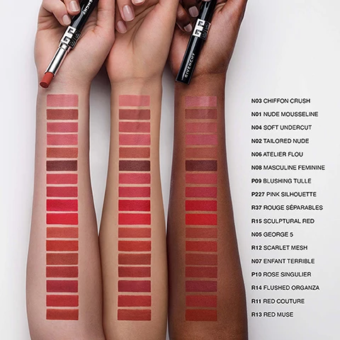 Image 1 - Three forearms with different skin tones show vertical rows of lipstick swatches, with two hands holding Givenchy lipstick tubes, alongside a list of shades: N03 CHIFFON CRUSH, N01 NUDE MOUSSELINE, N04 SOFT UNDERCUT, N02 TAILORED NUDE, N06 ATELIER FLOU, N08 MASCULINE FEMININE, P09 BLUSHING TULLE, P227 PINK SILHOUETTE, R37 ROUGE SÉPARABLES, R15 SCULPTURAL RED, N05 GEORGE 5, R12 SCARLET MESH, N07 ENFANT TERRIBLE, P10 ROSE SINGULIER, R14 FLUSHED ORGANZA, R11 RED COUTURE, R13 RED MUSE. Image 2 - An infographic displaying three shades of Le Rouge lipstick applied to lips with their respective tubes: Velvet Matte, Intense Silk, and Sheer Velvet, alongside tables detailing Finish & Coverage options of Matte, Semi-Matte, and Blurring Matte, and Benefits including 24H Plump, 6H Hydration, 12H Soft Focus Blur, Comfort & Wear, Long-Lasting, 12H Wear, and Preserved Hydration; visible text includes LE ROUGE CHOOSE YOUR FINISH, LE ROUGE VELVET MATTE SHADE #227 PINK SILHOUETTE, LE ROUGE INTENSE SILK SHADE #227 ROUGE INFUSÉ, LE ROUGE SHEER VELVET SHADE #27 ROUGE INFUSÉ, FINISH & COVERAGE, MATTE, SEMI-MATTE, BLURRING MATTE, BENEFITS, 24H PLUMP* 6H HYDRATION 12H SOFT FOCUS BLUR, COMFORT & WEAR LONG-LASTING, 12H WEAR PRESERVERD HYDRATION, *clinical test on 25 women, and GIVENCHY.