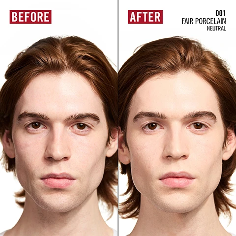 Image 1 - A split image shows a persons face before and after applying a skin product, with the left side displaying visible redness and uneven skin tone, and the right side showing a smoother, lighter, and more uniform complexion, with the text BEFORE AFTER 001 FAIR PORCELAIN NEUTRAL. Image 2 - A Rimmel Kind & Free Blur It Out skin tint tube, turquoise with pink text, squeezes out a brown liquid foundation against a blue background with water droplets, while visible text lists benefits: Skin feels instantly less irritated and reduces appearance of redness, Vegan formula, Minimises the appearance of pores and imperfections, and displays product details Rimmel London, Kind & Free, Blur It Out, Mattifying Skin Tint, Teint de Peau Matifiant, 010 Tiramisu. Image 3 - A Rimmel London Kind & Free Blur It Out Mattifying Skin Tint tube in light blue and beige with a pink lotus flower behind it on a blue, water-splashed background, displaying text: SKINCARE INGREDIENTS TO SOOTHE & CALM SENSITIVE SKIN, RIMMEL LONDON, KIND & FREE, BLUR IT OUT, MATTIFYING SKIN TINT CRÈME TEINTÉE MATIFIANTE, CICA COMPLEX, LOTUS FLOWER, NIACINAMIDE, VITAMIN E, MIXED TO OILY SKIN, 201 CLASSIC BEIGE BEIGE CLASSIQUE. Image 4 - A woman with freckles applies a light skin tint to her left cheek, holding a mint green tube of Rimmel Kind & Free Blur It Out in her right hand, with overlaid text in the top right corner reading BLURRING LIGHTWEIGHT SKIN TINT. Image 5 - A grid of eight diverse faces showcasing different foundation shades: 010 Rose Ivory, 150 Rose Vanilla, 201 Classic Beige, 303 Honey, 400 Natural Beige, 503 Mocha, and 610 Tiramisu, with a prominent label indicating Cool Undertone. Image 6 - A grid of six diverse models with varying skin tones displays foundation shades, alongside a red panel, with visible text reading 001 FAIR PORCELAIN, 160 VANILLA, 210 GOLDEN BEIGE, NEUTRAL UNDERTONE, 450 CARAMEL, 510 CINNAMON. Image 7 - A grid displays eight different faces, each with a foundation shade swatch and name beneath it, and a red box labeled Warm Undertone; the shades shown are 082 Golden Ivory, 103 True Ivory, 163 Golden Vanilla, 250 Sun Beige, 350 Golden Honey, 410 Latte, and 607 Mahogany.