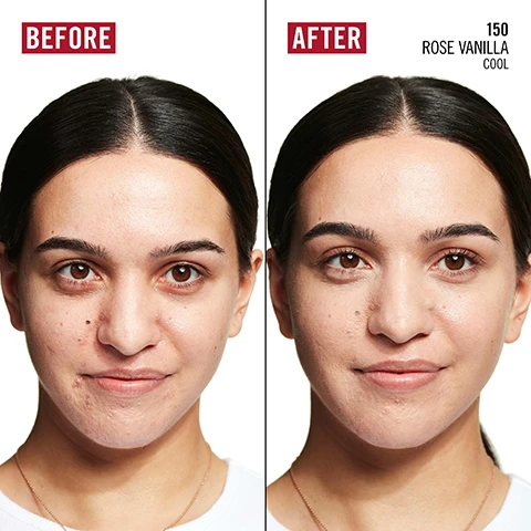 Image 1 - A split-screen image shows a womans face before and after applying makeup, with the left side displaying skin with visible blemishes and the right side showing smoother, more even-toned skin, accompanied by the text BEFORE and AFTER 150 ROSE VANILLA COOL. Image 2 - A Rimmel Kind & Free Glow It Up moisturizing skin tint tube with product squeezed out is shown alongside three foundation swatches and bullet points on a blue background with water droplets. Text reads: RIMMEL LONDON KIND & FREE GLOW IT UP MOISTURIZING SKIN TINT CREME TEINTEE HYDRATANTE, MOISTURISES SKIN INSTANTLY AND ALL DAY LONG, VEGAN FORMULA, PROVIDES AN INSTANT FRESH GLOW. Image 3 - A Rimmel London Kind & Free Melt It Glow Up Moisturising Skin Tint Crème Teintée Hydratante tube in shade 005 Deep Chocolate is shown on a light blue background with aloe vera leaves and water droplets, accompanied by text reading SKINCARE INGREDIENTS TO SOOTHE & CALM SENSITIVE SKIN, VITAMIN E, ALOE VERA, PRO-VITAMIN B5, and DRY TO NORMAL SKIN. Image 4 - A person with medium skin tone applies a skin tint to their cheek from a light blue tube, with text that reads HYDRATING, LIGHTWEIGHT SKIN TINT and GLOW IT UP KIND & FREE RIMMEL LONDON. Image 5 - A grid of six faces displays different foundation shades on models with varying skin tones, labeled 010 ROSE IVORY, 150 ROSE VANILLA, 201 CLASSIC BEIGE, 303 HONEY, 400 NATURAL BEIGE, 503 MOCHA, and 601 SOFT CHOCOLATE, with a red box indicating COOL UNDERTONE. Image 6 - Nine models with diverse skin tones display foundation shades, from left to right and top to bottom: 001 Fair Porcelain, 160 Vanilla, 200 Soft Beige, 203 True Beige, 210 Golden Beige, 501 Noisette, 504 Deep Mocha, 510 Cinnamon, and 605 Deep Chocolate, alongside a red panel labeled Neutral Undertone. Image 7 - A grid displays three different models with varying skin tones representing foundation shades, with visible text reading 082 GOLDEN IVORY, 103 TRUE IVORY, WARM UNDERTONE, and 410 LATTE.