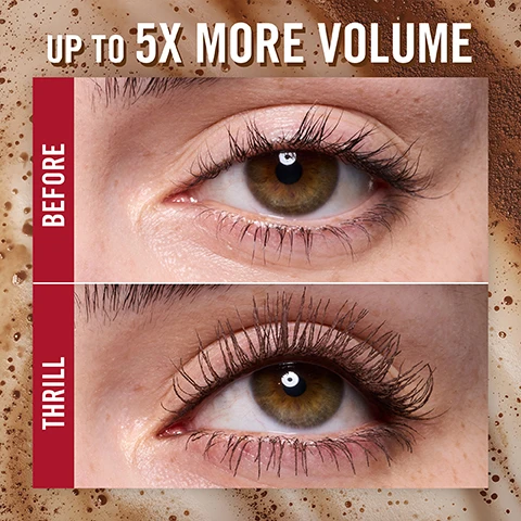 Image 1 - A close-up before and after comparison of an eye, with the top half showing natural lashes and the bottom half showing significantly more voluminous lashes, with text that reads UP TO 5X MORE VOLUME, BEFORE, and THRILL. Image 2 - A mascara wand with a dark brown brush and a swatch of dark brown mascara is on a speckled brown background with coffee beans and a red mascara tube, displaying text that reads TAPERED BRUSH DESIGNED TO GRAB & COAT EACH LASH and LONG LASTING FOR INSTANT IMPACT, plus SEEK on the tube. Image 3 - A 3x2 grid of close-up eyes showing before and after comparisons for achieving longer, curlier, and fuller lashes, with the visible text LONG LASHES, CURLY LASHES, SPARSE LASHES, BEFORE, THRILL, and 002 CAPPUCCINO. Image 4 - Four close-up images show eyes with varied skin tones and eye colors, all featuring long, dark, mascara-enhanced eyelashes, with visible text that says 97% AGREE IT DELIVERS INTENSE COLOUR PAYOFF* and in small print, *50 FEMALE MASCARA USERS AGED 18-55, ITALY-BASED STUDY JAN/FEB 22. Image 5 - Close-up split image showing an eye with black mascara on top and the same eye with cappuccino brown mascara on the bottom, with text that reads OUR #1 MASCARA NOW IN CAPPUCCINO BROWN, BLACK, VS, CAPPUCCINO. Image 6 - Three Rimmel beauty products, including a Rimmel London Oh My Gloss! Lip Oil, a Thrill Seeker mascara, and a Rimmel Lasting Finish Lip Liner Crayon à Lèvres, are displayed on a coffee-splattered background with coffee beans, accompanied by the text Taste the Thrill, Your Viral Cappuccino, From Lips to Lashes, and #Viral.