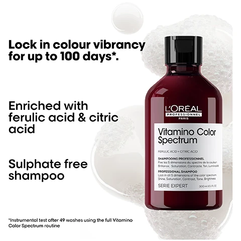 Image 1 - Image shows a bottle of LOreal Professionnel Vitamino Color Spectrum shampoo with text Lock in colour vibrancy for up to 100 days, Enriched with ferulic acid & citric acid, Sulphate free shampoo, and the label LOREAL PROFESSIONNEL PARIS Vitamino Color Spectrum PROFESSIONAL SHAMPOO SERIE EXPERT 300 ml. Image 2 - A LOréal Professionnel Vitamino Color Spectrum conditioner bottle with white product substance Lock in colour vibrancy for up to 100 days*. High glass shine Rich vibrant colours LOREAL PROFESSIONNEL PARIS Vitamino Color Spectrum FERULIC ACID + CITRIC ACID 2.5% SOIN PROFESSIONNEL A RINCER Pour les 5 dimensions du spectre de la couleur: Brillance, Saturation, Contraste, Ton, Luminosité. PROFESSIONAL DEEP CONDITIONER Lock in all 5 dimensions of the color spectrum: Shine, Saturation, Contrast, Tone, Brightness. SERIE EXPERT 200 ml 6.7 fl oz *Instrumental test after 49 washes using the full Vitamino Color Spectrum routine Image 3 - A woman with long dark red hair flowing across the image, with the text NEW HAIR TECH Proven efficacy on the 5 colour dimensions* 01 Shine: High Glass shine 02 Rich vibrant colours 03 Contrast 04 Tone 05 Brightness *Instrumental tests after continued application of the full Vitamno Color Spectrum routine. Image 4 - An abstract colorful shape on a black background with text that reads THE TECH Ferulic Acid + Citric Acid Locks dyes inside the fiber. Image 5 - The image features three before and after hair examples, showcasing different hair colors and textures with improved condition, along with LOreal Vitamino Color products and text reading Before After Vitamino Color Spectrum for all colored hair Not retouched.
