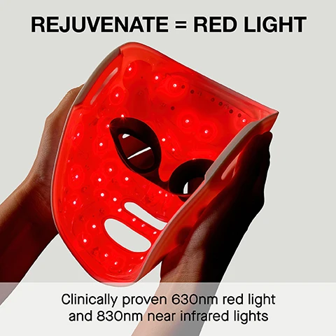 Image 1 - Hands hold a flexible red light therapy mask glowing with red LED lights against a white background, with text that reads REJUVENATE = RED LIGHT Clinically proven 630nm red light and 830nm near infrared lights. Image 2 - A womans face is illuminated by red light from an LED mask covering the left side of her face, with text below reading: Smooths fine lines & wrinkles, Boosts collagen & elastin, Rejuvenates & brightens skin. Image 3 - A pair of hands holds a flexible, clear facial mask glowing with many purple LED lights, with text that reads CLEAR SKIN = PURPLE LIGHT and Clinically proven 630nm red light and 440nm blue light. Image 4 - A woman with dark hair holds a white LED light therapy device emitting a pink glow near her face, with text reading: Clears blemishes & breakouts, Smooths uneven texture, Calms redness & inflammation. Image 5 - A red and pink glowing LED face mask is displayed alongside a smartphone showing the Face Gym app for zone selection, with the visible text Unlock a personalised LED treatment, Face Gym., Zone selection, Rejuvenate, Clear Skin, Forehead, Eyes, Nose, Cheeks, GET STARTED, and Customise your light settings across the forehead, eyes, nose and cheeks. Image 6 - A white facial treatment mask with black eye and mouth holes is shown with a white drawstring storage pouch, both displaying the brand name FACE GYM, alongside a list of features including Hands-free design, 10-minute treatments, Semi-flexible fit, Adjustable head strap, Built-in eye protection, and Storage pouch.