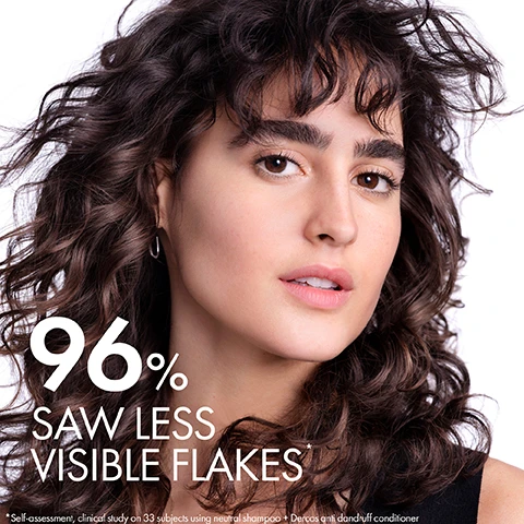 Image 1 - A close-up portrait of a woman with curly brown hair looking at the camera with text overlay reading 96% SAW LESS VISIBLE FLAKES. *Self-assessment, clinical study on 33 subjects using neutral shampoo + Dercos anti dandruff conditioner. Image 2 - Image of a man with tattoos touching his hair with text UP TO 72H INTENSE MOISTURE. Image 3 - The image shows white crystals with PIROCTONE OLAMINE text on the left and clear bubbles with HYALURONIC ACID text on the right, with INTENSELY MOISTURISES SCALP & SCIENTIFICALLY PROVEN EFFICACY ON FLAKES text below. Image 4 - Close-ups of eyes and eyebrows of six different people are shown with the text SUITABLE FOR ALL HAIR TYPES. Image 5 - Image shows a bottle of Dercos Anti-Dandruff shampoo and a tube of Dercos Anti-Dandruff conditioner with the text COMPLETE YOUR ANTI-DANDRUFF ROUTINE, STEP 1 TARGET, STEP 2 CONDITION. Image 6 - A hand holds a tube of Dercos anti-dandruff conditioner next to text that reads HYPOALLERGENIC FORMULA SUITABLE FOR SENSITIVE SCALP and the tube says DERCOS TECHNIQUE Anti dandruff Anti-pelliculaire PIROCTONE OLAMINE HYALURONIC ACID HAIR & SCALP DERMATOLOGICAL CONDITIONER ELIMINATES VISIBLE FLAKES HYDRATES & DETANGLES DANDRUFF & ITCHY SCALP PELLICULES & DEMANGEAISONS APRES-SHAMPOOING TRAITANT CHEVEUX & CUIR CHEVELU ELIMINE LES PELLICULES HYDRATE & DEMELE LES CHEVEUX Sensitive scalp Cuir chevelu sensible VICHY LABORATOIRES. Image 7 - Instructions on how to use the conditioner are shown next to a hand holding a bottle of Dercos Anti dandruff Anti-pelliculaire Hair & Scalp Dermatological Conditioner with text that reads HOW TO USE HAIR & SCALP DERMATOLOGICAL CONDITIONER STEP 1 APPLY ON WET HAIR & SCALP STEP 2 MASSAGE, LEAVE ON FOR 5 MINUTES THEN RINSE DERCOS TECHNIQUE Anti dandruff Anti-pelliculaire PIROCTONE OLAMINE HYALURONIC ACID HAIR & SCALP DERMATOLOGICAL CONDITIONER ELIMINATES VISIBLE FLAKES HYDRATES & DETANGLES DANDRUFF & ITCHY SCALP PELLICULES & DEMANGEAISONS APRÈS-SHAMPOOING TRAITANT CHEVEUX & CUIR CHEVELU ÉLIMINE LES PELLICULES VISIBLES HYDRATE & DÉMÊLE LES CHEVEUX Sensitive scalp Cuir chevelu sensible VICHY LABORATOIRES.