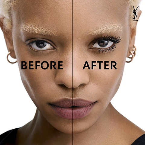 Image 1 - A split image of a womans face showing her eye before and after mascara application with the words BEFORE and AFTER. Image 2 - Close up views of four eyes with mascara on lashes, featuring different skin tones and the YSL logo, with the text +200% VOLUME* and *+200% VOLUME vs. bare lashes. Instrumental test. 25 women. Image 3 - A black cylindrical product with a gold YSL logo is next to a white iris flower, with the text IRIS EXTRACT and YSL logo. Image 4 - A comparison image showing four different sets of eyes before and after using a lash product, with the text BEFORE below the left column and AFTER below the right column. Image 5 - A close-up of three mascara brushes, highlighting the double-conical brush shape, with the text DOUBLE-CONICAL BRUSH FOR MASSIVE IMPACT.