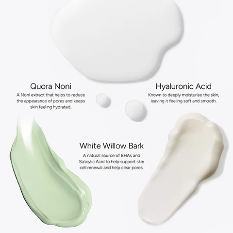 The image shows various cosmetic ingredient swatches: a large white liquid, two smaller white drops, a light green cream, and an off-white cream, with accompanying text Quora Noni: A Noni extract that helps to reduce the appearance of pores and keeps skin feeling hydrated; Hyaluronic Acid: Known to deeply moisturise the skin, leaving it feeling soft and smooth; White Willow Bark: A natural source of BHAs and Salicylic Acid to help support skin cell renewal and help clear pores.