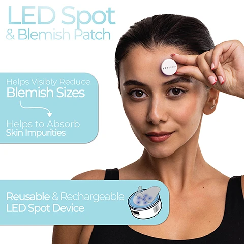 Image 1 - A woman holds a small white device labeled STYLPRO to her forehead, with overlaid text advertising LED Spot & Blemish Patch, Helps Visibly Reduce Blemish Sizes, Helps to Absorb Skin Impurities, and Reusable & Rechargeable LED Spot Device. Image 2 - The image shows a three-step guide on how to use a device, with step one depicting hands peeling a sticky patch, step two showing hands applying the patch to a small white circular device, and step three featuring a woman with the device on her forehead; visible text includes How to use, 1. Unpeel a Sticky Patch, 2. Apply to STYLPRO LED Device, 3. Place device on desired area and turn on, STYLPRO, and *Please do not exceed recommended usage time. Image 3 - An infographic displays a gray patch with downward arrows indicating absorption, linked to a blue bubble with text Hydrocolloid & Salicylic Acid, alongside a white round device with internal blue lights, linked to a blue bubble with text 2x Expert Recommended Wavelengths, and a wavelength spectrum chart labeled 6x Blue 415nm and 6x NIR 830nm. Image 4 - A diagram shows a skin patch covering a blemish on skin, with three light blue arrows pointing upwards indicating impurities being drawn out, and includes the text How does it work? Hydrocolloid and Salicylic Acid patches work in tandem with targeted NIR wavelengths to help absorb impurities and promote clearer skin. Image 5 - A woman wears a white circular STYLPRO device on her forehead, with accompanying text boxes describing features including 20x Hydrocolloid & Salicylic Acid Patches Included, Rechargeable & Reusable 90 mAh, Helps Absorb Impurities, and 2x Expert Recomended Wavelengths.