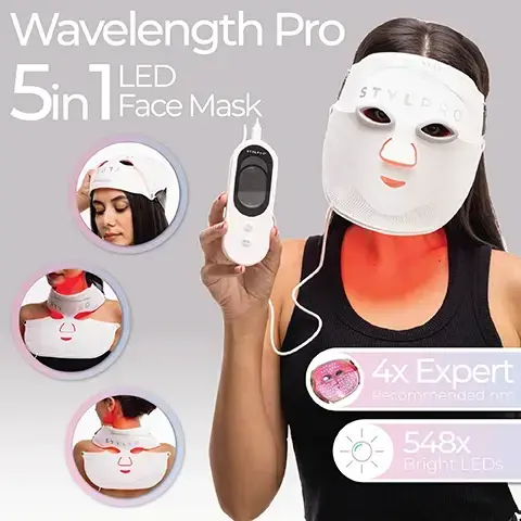 Image 1 - A woman wears a white STYLPRO LED face mask with red light glowing on her neck, holding a white controller, while inset circular images show the Wavelength Pro 5in1 LED Face Mask being worn on the head, neck, and back, with additional text reading 4x Expert Recommended nm and 548x Bright LEDs. Image 2 - A composite image shows a woman from the front and another from the back, both wearing a white STYLPRO LED light therapy device on their neck and upper chest and back, which emits a red glow, alongside text that reads Neck, Chest & Back, Full Coverage, True Radiance, 4x Modes, Red (633nm), Blue (415nm), Near Infrared (830nm), and Helps boost collagen production & skin health around the neck, upper chest shoulders & back. Image 3 - A woman with dark hair wears a white STYLPRO red light therapy mask on her head, which glows red, while holding its white STYLPRO controller, with text that reads Haircare Mask Hair & Scalp, and 655nm & 633nm Red Light helps promotes a healthy scalp to support hair health. Image 4 - A split image on a pink background demonstrates two light management technologies: the top left shows clear domed lenses, and the bottom right features silver reflective elements, with accompanying text that reads Patent Pending, Technology, Meniscus Lens Improved Dispersion, Silver Reflective Light Enhancing, and a circular badge stating Patent Pending. Image 5 - A white LED light therapy face mask with glowing pink and purple lights is positioned on a white surface with a grey strap visible, while a hand presses a button on its connected white STYLPRO controller, and text overlays read Dynamic Zonal LEDs Targeting Facial Patterns, T-zone Coverage, and Lip & Nose Coverage. Image 6 - A Stylpro beauty device and its capabilities are presented, with visible text that reads Five Focus Areas, One Powerful Device, STYLPRO Face 8 Minutes Anti-ageing Target Flare Active Maintain Recover Balance, STYLPRO Neck Chest & Back 12 Minutes Neck Anti-age Neck Target Neck Recov Neck Balan, STYLPRO Hair 15 Minutes Hair Care, 11x Different Modes, Up to 12x Uses per charge, Anti-ageing Red (633nm) light helps reduce finelines & wrinkles. Also promote the production of collagen, Target Combines Blue (415nm) light for a clearer, smoother complexion. Aslo suitable for people with blemish prone skin, Recovery Helps maximise NIR (830nm) energy delivery to the skin, Balance Offers a well rounded approach for enhanced skin balace transitioning between red, blue and near-infrared light, and Hair Care Helps to promote a healthy scalp to support hair health. Using a combination of NIR (655nm) & red (633nm).Image 7 - A womans face is shown in a before and after comparison, with the left image showing numerous dark UV spots on her skin and the right image, labeled 12 weeks after, showing a significant reduction in these spots. Text visible reads: Before, After 12 weeks, Up to 53% decrease in UV spots* *Clinical Study of 30 volunteers after 12 weeks. Image 8 - A before and after image comparison shows a persons eye area; the Before image on the left has prominent crows feet wrinkles, while the After 12 weeks image on the right shows a visible reduction in wrinkles, with accompanying text reading Up to 32% decrease in wrinkle volume and *Clinical Study of 30 volunteers crow’s feet after 12 weeks.Image 9 - A before and after comparison image shows a persons eye and cheek area, with the left side labeled Before displaying more wrinkles highlighted in green, and the right side labeled After 12 weeks displaying fewer wrinkles, along with text stating Up to 32% decrease in wrinkle volume* and *Clinical Study of 30 volunteers crows feet after 12 weeks. Image 10 - A split image shows a close-up of a persons face with a before and after comparison of skin treatment, with text reading Before on the left and After 12 weeks on the right, and additional text stating Up to 11% decrease in skin roughness (crows feet after 12 weeks). Image 11 - A side-by-side comparison shows a persons face, with the Before panel on the left displaying skin with larger, numerous pores marked in purple, and the After 12 weeks panel on the right displaying skin with noticeably fewer and smaller pores marked in purple, with accompanying text: 81% of volunteers saw A reduction in pore size after using the device.* *Clinical Study of 30 volunteers after 12 weeks.