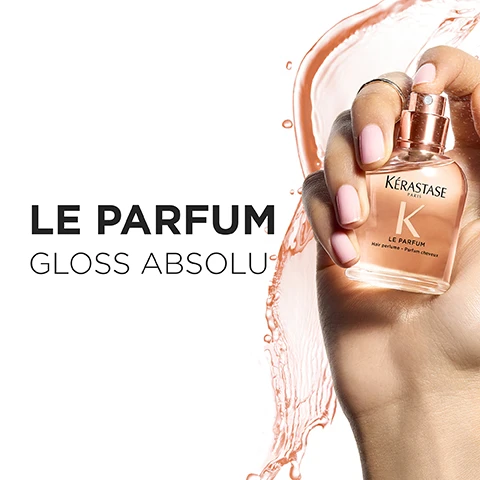 Image 1 - A hand with pink nails holds a Kérastase hair perfume bottle, with text reading LE PARFUM GLOSS ABSOLU KÉRASTASE PARIS K LE PARFUM Hair perfume - Parfum cheveux. Image 2 - A Kérastase perfume bottle, KÉRASTASE PARIS K LE PARFUM Hair perfume - Parfum cheveux, is displayed with floating ingredients representing its scent profile: vanilla, sandalwood, lemon peel, and a white and pink flower, alongside text describing its OLFACTIVE PYRAMID as SUBLIMATION OF A FLORAL BOUQUET, TOP NOTES BERGAMOT AND LEMON, HEART NOTES FLORAL BOUQUET, and BOTTOM NOTES VANILLA & SANDALWOOD, with the footer Olfactive interpretation of Le Parfum Gloss Absolu. Image 3 - An image displays a Kérastase Le Parfum hair perfume bottle and its matching box with scattered white flower petals, featuring text that reads 3 REASONS TO USE: 1. CAPTIVATING FRAGRANCE, DESIGNED AS A UNIQUE HAUTE COUTURE EXPERIENCE, 2. ON-THE-GO FORMAT, PERFECT FOR SLIPPING INTO YOUR BAG AND REFRESHING YOUR HAIR ANYTIME, ANYWHERE, 3. IRRESISTIBLE SOFTER HAIR* and the accompanying note *CONSUMER AND INSTRUMENTAL TESTS; the KÉRASTASE PARIS logo appears on both the bottle and box, with the bottle further specifying K LE PARFUM Hair perfume - Parfum cheveux. Image 4 - A Kérastase Le Parfum hair perfume bottle is depicted surrounded by white and yellow flowers, with visible text including HOW TO USE FOR THE BEST RESULT ? 1. STAND PERFUME AT ARMS LENGTH, 3 TO 5 CM AWAY 2. SPRAY 2-3 TIMES ON DRY HAIR 3. FLIP YOUR HAIR FOR FULL IMMERSION KÉRASTASE K LE PARFUM Hair perfume - Parfum cheveux.