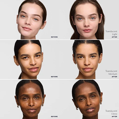 Image 3 - The image displays three rows of before and after portraits of women with fair, medium, and deep skin tones, demonstrating a translucent products effect, with visible text reading BEFORE, AFTER, Translucent Light, Translucent Medium, Translucent Deep. Image 4 - An open Estee Lauder Double Wear Matte Powder Veil compact with powder dust around it, positioned above a table displaying six skin tone shades from light to deep, with visible text reading DOUBLE WEAR MATTE POWDER VEIL, ESTEE LAUDER, LIGHT Very light to light skin tones LEVELS 0-1, LIGHT MEDIUM Light to light medium skin tones LEVELS 2-3, MEDIUM Medium skin tones LEVELS 3-4, TAN Tan skin tones LEVELS 4-6, DEEP TAN Deep tan skin tones LEVELS 7-8, DEEP Neutral deep tan skin tones LEVELS 8-9. Image 5 - A woman applies powder to her cheek with a white Estée Lauder puff, holding a navy compact mirror, with overlay text that reads Flawless. Weightless. Traceless. Use puff to press or roll powder into skin. Visibly blurs imperfections. Instantly mattifies. Locks in makeup. Image 6 - A dark blue Estée Lauder compact is open, revealing light-colored pressed powder and an applicator, with powder particles shimmering on a brown background, and text reading ESTĒE LAUDER, 12HR OIL + SHINE CONTROL.