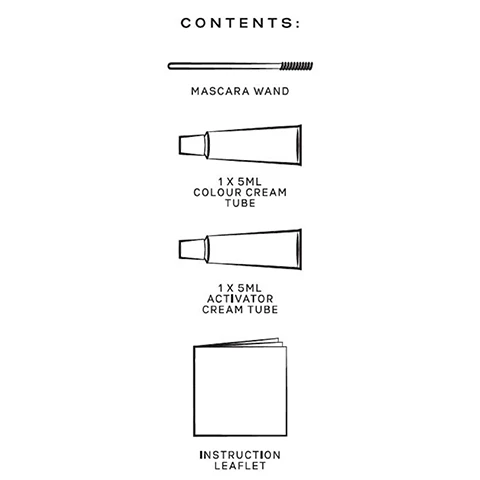 Image 1 - Line drawings illustrate the product contents, including a mascara wand, a 5ml colour cream tube, a 5ml activator cream tube, and an instruction leaflet, with the visible text reading CONTENTS: MASCARA WAND 1 X 5ML COLOUR CREAM TUBE 1 X 5ML ACTIVATOR CREAM TUBE INSTRUCTION LEAFLET. Image 2 - Four black and white icons and text: an eyebrow with a calendar showing 6 for Lasts up to 6 Weeks; an eyebrow with a stopwatch for Under 15 Min Application; an eyebrow with two lines for Up to 12 Applications; and a cruelty-free bunny logo with text crueltyfree next to a leaf icon with text vegan friendly.