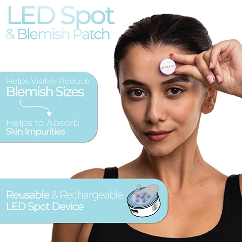 Image 1 - The image shows five translucent white packets fanned out with faint, reversed text including Instructions and the number 2, floating above a white round product lid with a blue glow that features the text STYLPRO. Image 2 - A woman holds a white circular STYLPRO LED spot device to her forehead, with overlaid text promoting it as an LED Spot & Blemish Patch that Helps Visibly Reduce Blemish Sizes, Helps to Absorb Skin Impurities, and is a Reusable & Rechargeable LED Spot Device. Image 3 - The image illustrates three steps for using a beauty device, showing hands peeling a sticky patch, then applying it to a white round STYLPRO LED Device, and finally a woman placing the device on her forehead, with the text How to use, 1. Unpeel a Sticky Patch, 2. Apply to STYLPRO LED Device, 3. Place device on desired area and turn on, and a note *Please do not exceed recommended usage time. Image 4 - The image illustrates two product features: a gray hydrocolloid patch with arrows pointing down, labeled Hydrocolloid & Salicylic Acid, and a round device with blue glowing lights, labeled 2x Expert Recommended Wavelengths, featuring a graph indicating 6x Blue 415nm and 6x NIR 830nm. Image 5 - The image shows an illustration of a skin blemish covered by a patch with three upward arrows indicating impurities being drawn out, accompanied by the text How does it work? at the top and Hydrocolloid and Salicylic Acid patches work in tandem with targeted NIR wavelengths to help absorb impurities and promote clearer skin at the bottom. Image 6 - A woman with dark hair wears a white, circular STYLPRO device on her forehead, while the left side of the image features four text boxes listing product benefits: 20x Hydrocolloid & Salicylic Acid Patches Included with an icon of two patches, Rechargeable & Reusable with an icon of a 90mAh battery, Helps Absorb Impurities with an icon of arrows rising from a surface, and 2x Expert Recommended Wavelengths.