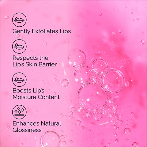 Image 2 - The image shows a vibrant pink liquid with numerous clear bubbles, alongside a list of four benefits: Gently Exfoliates Lips, Respects the Lips Skin Barrier, Boosts Lips Moisture Content, and Enhances Natural Glossiness. Image 3 - A before and after comparison image shows a top close-up of chapped lips and a bottom close-up of smoother lips, with text PHA 5% Exfoliating Lip Serum, Before, After, and Clinical testing on 22 people, using the product 3x/week for 2 weeks. Image 4 - Close-up of a smiling mouth with glossy lips and white teeth, with a finger touching the lower lip, next to text bubbles that read Gentle Exfoliation, Smooths Lip Texture, and Plumping Hydration. Image 5 - The image displays black text on a white background, partially overlapping a pink liquid with bubbles, listing Key ingredients in PHA 5% Exfoliating Lip Serum: Gluconolactone (PHA) Gently Exfoliates and Hydrates for Smoother Lips; Glycerin & Ectoin Restore Moisture and Support the Skin Barrier. Image 6 - The image displays a white background with two The Ordinary lip care products, a pink liquid dropper bottle and a white squeeze bottle, linked by a line, with the visible text A regimen for smooth, hydrated lips overnight. The pink dropper bottle is labeled The Ordinary PHA 5% Exfoliating Lip Serum, and below it reads TREAT PHA 5% Exfoliating Lip Serum Exfoliates and smooths lips while respecting the barrier. The white squeeze bottle is labeled The Ordinary Squalane + Amino Acids Lip Balm, and below it reads SEAL Squalane + Amino Acids Lip Balm Soften, nourish and boost moisture within the lips.