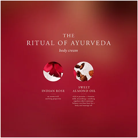 An image with a red gradient background displays two circular cutouts, one with red rose petals and the other with almond seeds and white crystals, alongside the text THE RITUAL OF AYURVEDA body cream, INDIAN ROSE an aroma with soothing properties, and SWEET ALMOND OIL rich in proteins + vitamins mild, nourishing + soothing regulates skins moisture balance excellent base for a body and massage oil.