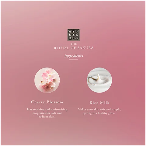 On a pink background, the Rituals logo appears above the text The Ritual of Sakura and Ingredients, followed by two circular images: one depicting pink cherry blossoms with the text Cherry Blossom Has soothing and moisturising properties for soft and radiant skin, and another showing a splash of white liquid with the text Rice Milk Makes your skin soft and supple, giving it a healthy glow.
