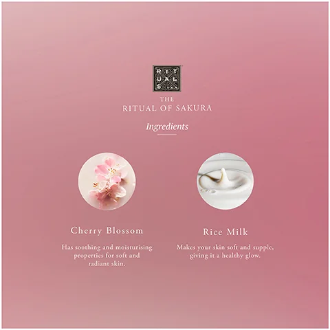 A pink background displays the Rituals logo, a main title, a subtitle, and two ingredient descriptions; the left section shows a circular image of pink cherry blossoms with the text Cherry Blossom, Has soothing and moisturising properties for soft and radiant skin, while the right section shows a circular image of white rice milk with a splash and the text Rice Milk, Makes your skin soft and supple, giving it a healthy glow; the main title text reads THE RITUAL OF SAKURA and the subtitle text reads Ingredients.
