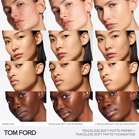 Image 2 - A grid of twelve close-up portraits of four women with varying skin tones, each shown bare-faced, with Traceless Soft Matte Primer, and with Traceless Soft Matte Primer plus Traceless Soft Matte Foundation, demonstrating the product results, with the visible text BARE FACE, TRACELESS SOFT MATTE PRIMER, + TRACELESS SOFT MATTE FOUNDATION, TOM FORD, and TRACELESS SOFT MATTE PRIMER + TRACELESS SOFT MATTE FOUNDATION. Image 5 - A close-up of a persons face with smooth, dark, glowing skin, showing part of an eye, nose, and glossy lips, with the text TRACELESS PRIMER + TRACELESS SOFT MATTE FOUNDATION.
