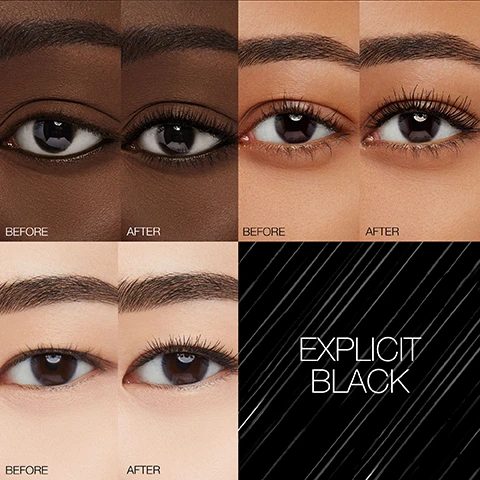 Image 1 - The image shows a grid with three pairs of before-and-after close-ups of different womens eyes, demonstrating mascara application, labeled BEFORE and AFTER, next to a black panel with white diagonal lines and the text Explicit Black. Image 2 - A close-up of a black mascara wand and brush with black mascara product streaked on a white background, accompanied by the text Full-Bodied Brush and Exclusive Ribbed Bristles.