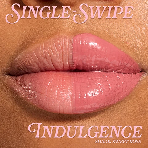 Image 1 - A close-up of a persons lips shows the left half natural and the right half covered in a shiny pink lip product, with text reading SINGLE-SWIPE, INDULGENCE, SHADE: SWEET ROSE. Image 2 - A woman applies a pink lip gloss stick to her glossy lips, with overlay text reading GLOSS STICK, With an indulgent infusion of: HYALURONIC Acid for hydration, VITAMIN E keeping lips healthy, Oil COMPLEX to nourish. Image 3 - A grid displays ten lip gloss shades on lips, labeled Sweet Rose, Creme Brulee, Sour Berry, Peach Sorbet, Cherrylicious, Chocolate Ganache, Sugar Cookie, Toffee Nude, Toasted Caramel, and Sugar Plum, with the text Gloss Stick shown vertically on the left.