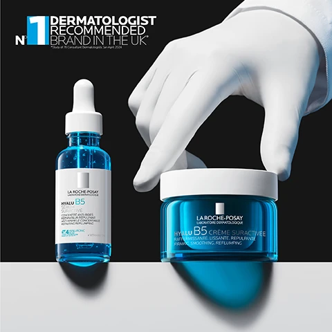 Image 1 - A gloved hand reaches for a blue jar of La Roche-Posay Hyalu B5 Crème Suractivee, positioned next to a blue bottle of La Roche-Posay Hyalu B5 Serum Suractivé, with prominent text at the top left reading N°1 DERMATOLOGIST RECOMMENDED BRAND IN THE UK* *Study of 78 Consultant Dermatologists Jan-April 2021, and the product labels displaying LA ROCHE-POSAY LABORATOIRE DERMATOLOGIQUE HYALU B5 CRÈME SURACTIVEE RAFFERMISSANTE, LISSANTE, REPULPANTE FIRMING, SMOOTHING, REPLUMPING on the jar and LA ROCHE-POSAY LABORATOIRE DERMATOLOGIQUE HYALU B5 SERUM SURACTIVÉ CONCENTRÉ ANTI-RIDES RÉPARATEUR REPLUMPANT ANTI-WRINKLE, REPAIRING, REPLUMPING 4x HYALURONIC ACID + VITAMIN B5 on the bottle. Image 2 - A blue jar of La Roche-Posay Hyalu B5 Crème Suractive is shown against a blue background with large white text stating 1H Repair & Replump and 72H Hydration, and smaller text on the jar reading La Roche-Posay Laboratoire Dermatologique, Raffermissante. Lissante. Repulpante, Firming. Smoothing. Replumping. Image 3 - A split image displaying abstract swirling patterns; the left blue side shows the text Hyaluronic Acid Helps Retain Skin Moisture, Replump Skin And Correct Wrinkles, and the right green side shows the text Vitamin B5 Helps To Repair The Skin Barrier. Image 4 - A close-up image of a persons face with a dollop of white cream on their cheek, accompanied by text labels that read NON-STICKY TEXTURE, 72H INTENSE HYDRATION, and REPAIR & STRENGTHEN SKIN BARRIER. Image 5 - A hand holds a blue and white jar of cream, with text beside it listing product benefits: 95% AGREE SKIN FEELS HYDRATED AFTER 1ST USE*, 86% AGREE SKIN FEELS SMOOTHER AFTER 1ST USE*, 80% AGREE SKIN LOOKS MORE PLUMPED AFTER 1 MONTH*. Consumer Test, 61 subjects, 2x/day application for 3 months. Image 6 - Three blue La Roche-Posay Hyalu B5 cosmetic products are presented with numbers above them, displaying the text 1 HYALU B5 SURACTIVATED SERUM, 2 HYALU B5 SURACTIVATED CREAM, 3 HYALU B5 EYE SERUM. Image 7 - A white, round container lid with a swirl of white cream on it, casting a bright blue shadow on a white background, with text that reads APPLY ON FACE AND NECK IN THE MORNING AND EVENING. Image 8 - A blue jar of La Roche-Posay Hyalu B5 cream is shown against a background of vertical skin tone swatches, with text overlayed reading HYALU B5 SURACTIVATED CREAM SUITABLE FOR ALL SKIN TYPES, and the jar label also says LA ROCHE-POSAY LABORATOIRE DERMATOLOGIQUE HYALU B5 CRÈME SURACTIVÉE RAFFERMISSANTE LISSANTE REPULPANTE FIRMING SMOOTHING REPLUMPING. Image 9 - The image features the La Roche-Posay Laboratoire Dermatologique logo above four icons and their descriptions: a doctor icon with Recommended by Dermatologists, a face with hand icon with Suitable for Sensitive Skin, a crossed-out drop icon with Alcohol Free, and a crossed-out pore icon with Non-Comedogenic.