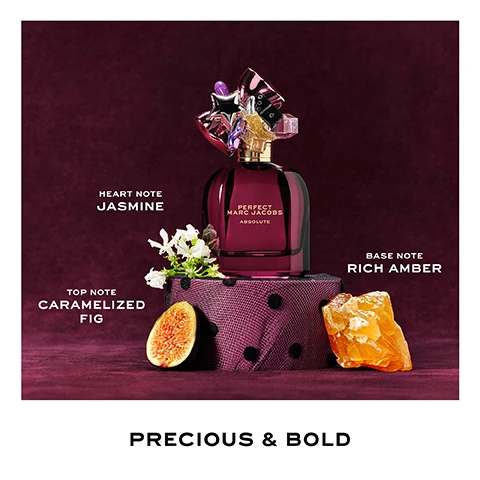 Image 2 - A dark red Perfect Marc Jacobs Absolute perfume bottle with an elaborate, colorful cap is displayed on a polka-dotted stand, surrounded by a halved fig, white jasmine flowers, and an amber crystal, with text labels reading Top Note Caramelized Fig, Heart Note Jasmine, Base Note Rich Amber, and below the image, Precious & Bold. Image 3 - A smiling woman in a purple top and black sheer gloves holds a dark red perfume bottle, with overlaid text that reads PERFECT MARC JACOBS ABSOLUTE, a 4-star rating, and a testimonial saying SUCH A BEAUTIFUL SCENT ITS WARM, SWEET, AND A LITTLE CREAMY, BUT STILL FRESH. IVE GOTTEN SO MANY COMPLIMENTS WHEN I WEAR IT. ITS THE KIND OF FRAGRANCE THAT MAKES YOU FEEL PUT TOGETHER WITHOUT TRYING TOO HARD. - PAMELI, HOME TESTER CLUB.