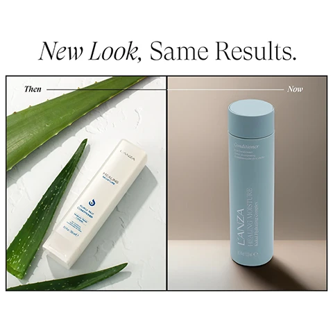 Image 1 - The image shows a before-and-after comparison of a conditioner bottle, with the old white rectangular bottle surrounded by aloe leaves on the left, and the new light blue cylindrical bottle on the right; visible text includes New Look, Same Results, Then, Now, LANZA HEALING MOISTURE KUKUI NUT CONDITIONER, Conditioner, and LANZA HEALING MOISTURE Kukui Hydrating Complex. Image 2 - A before and after comparison image of brown hair showing it frizzy and dry on the left with the text BEFORE, and smooth and shiny on the right with the text AFTER.