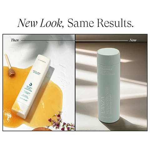 Image 1 - The image compares old and new product packaging under the heading New Look, Same Results; the left section, labeled Then, shows a white LANZA Healing Strength Manuka Honey Conditioner bottle, 8.5 FL OZ / 250 ML e, with text including WITH KERATIN AND MANUKA HONEY, STRENGTHENS HAIR BY 6X, lying in spilled honey with a wooden dipper, while the right section, labeled Now, features an upright light green bottle labeled Conditioner, LANZA Healing Strength, New Fortifying Complex, 8.5 FL OZ / 250 ML e. Image 2 - A womans hair before and after a coloring and styling treatment, showing dull, straight, brassy blonde hair on the left and vibrant, wavy, highlighted cool blonde hair on the right, with the text BEFORE and AFTER.