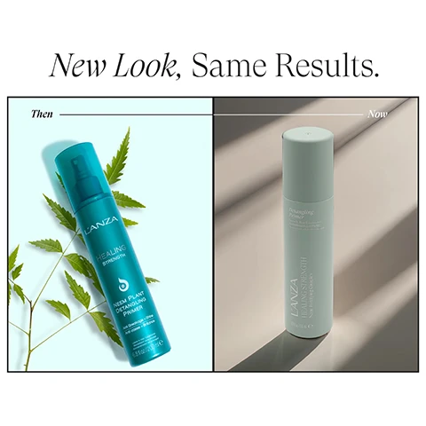 Image 1 - A before-and-after comparison displays two bottles of Lanza Healing Strength Neem Plant Detangling Primer; the former is a turquoise spray bottle with green leaves on a light blue background, and the latter is a sleek light green bottle on a minimalist light gray background, with the text New Look, Same Results. Then LANZA HEALING STRENGTH NEEM PLANT DETANGLING PRIMER 6.8 Fl Oz / 200 mL. Now LANZA HEALING STRENGTH Neem Plant Detangling Primer 6.8 Fl Oz / 200 mL. Image 2 - A before and after comparison shows a persons hair from the back, with dull, frizzy, tangled brown hair on the left labeled BEFORE, and smooth, shiny, well-conditioned brown hair on the right labeled AFTER, next to a teal spray bottle of LANZA HEALING hair care NEW PLANT DETANGLING PRIMER, with visible text that reads IMPROVES DETANGLING BY 92%, All Hair Types, 236 ml / 8 fl oz, and a disclaimer When compared to color-treated hair with non-conditioning shampoo. Image 3 - A persons hair is shown from the back in a before and after comparison, with the left side depicting long, wet, frizzy, dull brown hair being combed and the right side showing the same hair looking smooth, straight, and shiny, also being combed, with the visible text BEFORE and AFTER.
