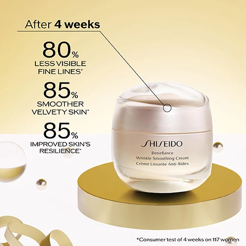 Image 1 - A Shiseido Benefiance Wrinkle Smoothing Cream, Crème Lissante Anti-Rides jar sits on a gold pedestal, with accompanying text stating After 4 weeks: 80% LESS VISIBLE FINE LINES*, 85% SMOOTHER VELVETY SKIN*, 85% IMPROVED SKINS RESILIENCE*, *Consumer test of 4 weeks on 117 women. Image 2 - The image displays a three-step Shiseido skincare routine against a gold and white background with decorative pearls and ribbons, showing: Step 1 Prepare Cleanse & Soften, featuring a white tube of Shiseido Clarifying Cleansing Foam and a clear bottle of Shiseido Treatment Softener; Step 2 Defend Strengthen, featuring a red bottle labeled Shiseido Ultimune Power Infusing Concentrate, described as Serum Power Infusing Concentrate; and Step 3 Regenerate Smooth, featuring a beige jar labeled Shiseido Benefiance Wrinkle Smoothing Cream Crème Lissante Anti-Rides. Image 3 - A Shiseido Benefiance Wrinkle Smoothing Cream jar with a clear lid and gold base, labeled SHISEIDO Benefiance Wrinkle Smoothing Cream Crème Lissante Anti-Rides, rests on a round gold display stand next to a white speech bubble showing a 5-star review for BENEFIANCE Wrinkle Smoothing Cream that reads This cream feels so nice and creamy going on my face and makes my skin feel so soft and moisturized. I feel very pampered. It absorbs quickly and seems to blur my pores. by Mary Wall.