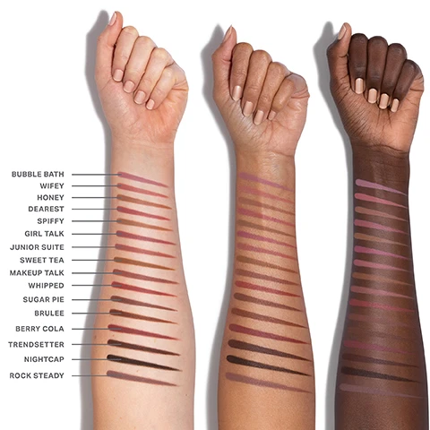 Image 1 - Three forearms with varying skin tones, from light to dark, are shown displaying 16 swatches of lip products, with the shades labeled as BUBBLE BATH, WIFEY, HONEY, DEAREST, SPIFFY, GIRL TALK, JUNIOR SUITE, SWEET TEA, MAKEUP TALK, WHIPPED, SUGAR PIE, BRULEE, BERRY COLA, TRENDSETTER, NIGHTCAP, ROCK STEADY. Image 2 - A collection of sharpened lip pencils in various shades of pink, nude, and brown are displayed with text that reads: PRECISION POINT Sharpenable tip for complete color control. POWERFULLY PIGMENTED PAYOFF Effortlessly lines, defines, and shapes lips. SMOOTH-GLIDING APPLICATION Creamy, zero-tugging formula. Image 3 - The image displays 16 makeup swatches, each with a distinct color and name: Bubble Bath, Wifey, Honey, Dearest, Spiffy, Girl Talk, Junior Suite, Sweet Tea, Makeup Talk, Whipped, Sugar Pie, Brulée, Berry Cola, Trendsetter, Nightcap, Rock Steady. Image 4 - Two lip liner pencils are shown, a black-barreled one labeled Morphe Makeup Talk and a reddish-brown-barreled one labeled Morphe, each with a matching swatch of brown color, an arrow between them indicating a packaging change, displaying the text New Look, Same Iconic Formula, and For a limited time, packaging may vary. Image 5 - A neutral-toned lip pencil, a matching matte lipstick, and a shimmery lip gloss are displayed horizontally with swatches on a white background, and includes the visible text BUILD YOUR LIP ROUTINE, MORPHE, SIGNATURE LIP PENCIL, MORPHE, LIP FILTER HYDROPLUMP SOFT MATTE LIPSTICK, MORPHE DRIPGLASS GLAZED, DRIPGLASS GLAZED HIGH SHINE LIP GLOSS.
