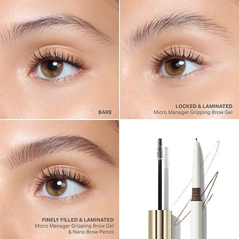 Image 1 - A four-panel image displays a close-up of an eye with a bare eyebrow, an eye with a locked and laminated eyebrow, an eye with a finely filled and laminated eyebrow, and finally a brow gel and brow pencil, with the text BARE, LOCKED & LAMINATED Micro Manager Gripping Brow Gel, FINELY FILLED & LAMINATED Micro Manager Gripping Brow Gel & Nano Brow Pencil. Image 2 - A gold Morphe brow gel tube is shown with its brush applicator extended, indicating product application, alongside the text: INSTANTLY TAMING A Micro Gripping Brush sculpts and lifts so no unruly hair is out of place. POWERFULLY LOCKING A 16-hour, extreme-hold gel laminates brows with a flexible feel and no flaking.* RICHLY NOURISHING A peptide- and glycerin-infused formula, known to provide fullness and hydrate brow hairs. *Based on a 30-person clinical study. Image 3 - A close-up of a person applying a brow product with a spoolie brush to their eyebrow, with text reading: POWERFUL FORMULA, 100% agreed it lifts, tames, and locks brows into place.*, 100% agreed it feels flexible and comfortable throughout wear.*, 97% agreed its easy to use and foolproof.*, *Based on a 30-person consumer perception study. Image 4 - A close-up image shows a black micro gripping brush applicator emerging from a gold tube, with overlaid text that reads: MICRO BRUSH. MEGA CLAIMS. MICRO GRIPPING BRUSH. 97% agreed brush grips onto each brow hair, distributing product evenly. agreed brush allows for precise, nonmessy application. agreed brush allows for less product waste. Based on a 30-person consumer perception study. Image 5 - A close-up of a womans face with blue eyes and well-groomed brows, a white brow pencil is angled above her left eyebrow and a black brow mascara wand is angled above her right eyebrow, with text reading NATURAL BROWS, MASTERED 01. Finely fill with Nano Brow Pencil: Use the pin-thin, .9mm tip to effortlessly fill sparse areas with precise, hairlike strokes. 02. Lock and laminate with Micro Manager Gripping Brow Gel: Use the Micro Gripping Brush to coat each brow hair, laying them in place with a flexible, long-lasting hold. Image 6 - A product comparison table visually displays a gold tube of Micro Manager Gripping Brow Gel and a clear pot of Supreme Brow Sculpting & Shaping Wax, with the visible text reading: PICK YOUR PRODUCT MICRO MANAGER GRIPPING BROW GEL SUPREME BROW SCULPTING & SHAPING WAX BEST FOR Lifted, laminated brows Softly laminated brows FORMAT Flexible-feel, nonflaking gel Flexible-feel, nonflaking wax HOLD 16-hour extreme hold* *Based on a 30-person clinical study. Longwearing, water-resistant bold hold** **Based on a 33-person clinical study. APPLICATION Includes Micro Gripping Brush Pairs with the M402 Dual-Ended Precision Brow Brush & Comb. Image 7 - A silver tray showcases Morphe beauty products, including a gold bottle of Micro Manager Gripping Brow Gel, a white Shapelifter Micro Contour Stick, and a white Nano Brow Pencil, accompanied by the text Beauty Is In The Details.