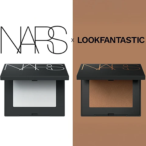 Image 1 - The image displays a split screen with a white background on the left and a brown background on the right, featuring two open NARS makeup compacts; the left compact contains white powder with NARS written in white on its lid, and the right compact contains brown powder with NARS written in gold on its lid, with the text NARS x LOOKFANTASTIC prominently displayed across the top. Image 2 - A split image shows a womans face, with the left side labeled BEFORE showing her natural complexion and the right side labeled AFTER showing her face with a subtle bronzed look, followed by the text LAGUNA 02 (ORIGINAL) Light-medium bronze with neutral undertones. Image 3 - A split image of a womans face shows a before and after comparison, with the after side appearing smoother and brighter, and a pile of white powder in the bottom right, with visible text reading BEFORE, AFTER, CRYSTAL, Very light to light. Image 4 - A black NARS compact with gold branding is open, revealing a bronze powder with an embossed NARS logo and sparkly edges, on a bronze background, with the text: YOUR BEST BRONZE YET Nine talc-free shades Long-lasting warmth Natural finish Silky texture. Image 5 - The image shows an open round NARS loose powder container and a closed black NARS compact on a dark background, with text reading LIGHT REFLECTING COMPLEX Optically fades fine lines, wrinkles, and pores. PHOTOCHROMIC TECHNOLOGY Adjusts complexion tone in response to the intensity of light. GLYCERIN & VITAMIN E Help guard against dryness and keep skin comfortable.