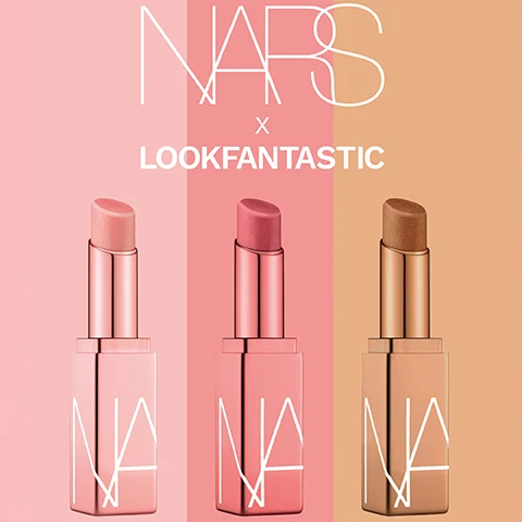 Image 1 - Three NARS lip products in light pink, rosy pink, and bronze shades are displayed against a gradient pink and peach background, with the text NARS X LOOKFANTASTIC. Image 2 - A grid shows close-ups of lips on fair, medium, and darker skin tones wearing a sheer dusty rose lip product, alongside a pink lipstick swatch, with text Dolce Vita Sheer dusty rose. Image 3 - Three close-up images show lips of varying skin tones wearing a sheer shimmering bronze lip gloss, next to a swatch of the product labeled LAGUNA Sheer shimmering bronze. Image 4 - Three panels show close-ups of lips with shiny lip gloss in light pink, mauvy pink, and reddish-brown shades, while the fourth panel shows a curved pink product swatch with the text ORGASM Sheer peachy pink with golden shimmer. Image 5 - A rose gold lipstick tube with a shimmery pink-coral bullet is shown on a pink background, next to text that reads: BEYOND THE BALM, HINT OF TINT Swipe on a touch of tinted color with subtle shine, SURGE OF HYDRATION Monoi Hydrating Complex provides long-lasting comfort for smooth, supple lips, VERSATILE WEAR Apply to bare lips as a moisturizing base, or over other lip colors.