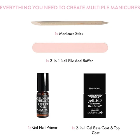 Image 1 - A flat lay image of manicure kit components on a white background, including a wooden manicure stick, a pink nail file and buffer, a small brown bottle of gel nail primer, and a black square bottle of gel base and top coat, with the text: EVERYTHING YOU NEED TO CREATE MULTIPLE MANICURES 1x Manicure Stick 1x 2-in-1 Nail File And Buffer GEL NAIL PRIMER APPRÊT GEL NAILS.INC LONDON 4ml/0.13fl.oz.US 1x Gel Nail Primer SENSATIONAL! BASECOAT & TOPCOAT COUCHE DE BASE ET FINITION gelLED GEL LED POLISH NAILS.INC LONDON HEMA FREE 10ml/0.33fl.oz.US e 1x 2-in-1 Gel Base Coat & Top Coat. Image 2 - A black bottle of Nails Inc. gel LED polish is displayed next to text that reads 2-in-1 Base Coat & Top Coat, Creates a smooth, even surface, Extends the manicures lifespan, Helps prevent chipping, fading, and polish damage, and on the bottle, BASECOAT & TOPCOAT COUCHE DE BASE ET FINITION gelLED GEL LED POLISH NAILS.INC® LONDON 10ml / 0.33 Fl Oz (US) e. Image 3 - A small brown bottle with a black cap labeled GEL NAIL PRIMER APPRÊT GEL NAILS.INC LONDON 4 mL / 0.12 Fl.Oz (US) is displayed next to three pink strips of paper outlining benefits: Primer enhances bond on nails for gel polish, Helps prevent chipping, lifting, and peeling, and Easy application, all under the main title Gel Nail Primer.
