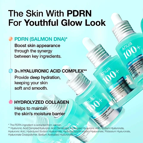 Image 1 - An image shows multiple teal serum bottles with white droppers, labeled Anua 100+, partially overlapping and angled towards the right, with text on the left reading The Skin With PDRN For Youthful Glow Look, PDRN (SALMON DNA)* Boost skin appearance through the synergy between key ingredients, 3% HYALURONIC ACID COMPLEX** Provide deep hydration, keeping your skin soft and smooth, HYDROLYZED COLLAGEN Helps to maintain the skin’s moisture barrier, and text visible on the bottles includes Anua 100+, PDRN + HYALURONIC ACID DERIVATIVES, 3% HYALURONIC ACID COMPLEX, HYDROLYZED COLLAGEN, 8 TYPES OF HYALURONIC ACID & PDRN SERUM, PDRN SALMON DNA, 1.01 FL. OZ. / 30 ML SERUM. Image 2 - A graphic showing two clear dishes with light blue liquid, one labeled PDRN and the other illustrating Hyaluronic Acid and Hydrolyzed Collagen combining, with the text Combination of Hydrating & Radiant Ingredients Boost skin appearance through the synergy between key ingredients. Image 3 - A teal Anua PDRN 100 Hyaluronic Acid Glow Pad container is shown with visible text PDRN 100 HYALURONIC ACID GLOW PAD, Dual Glow Pads for Deep Hydration and Radiance, Anua Glow Pad, PDRN + HYALURON, Anua PDRN 100 Hyaluronic Acid Glow Pad, Anua PDRN 100 Acide Hyaluronique Glow Pad, 60 PADS (180 ML / 6.08 FL. OZ.), Effortless Daily Routine, Hydration Plumping, Special Glow Care, Large-Size Pad, and an Anua logo. Image 4 - An image featuring a light blue, thick liquid or gel-like substance on the right with water droplets, and text on the left detailing product benefits: Holy Grail for a Smooth, Moisture Plumping, Gentle Yet Effective Synergy for Enhanced Hydration. PDRN (Disodium EDTA): Salmon DNA-infused formula for a rejuvenated appearance & luminous glow. HYALURONIC ACID, PEPTIDE: Hyaluronic acid complex for layered hydration & firming care. COLLAGEN: Patented 7D vita collagen for enhanced firmness. Image 5 - A white tube of Anua skincare cream with a swatch of white cream beside it, displaying text 3 CERAMIDE PANTHENOL MOISTURE BARRIER CREAM, Hydrate & Maintain The Moisture Barrier, #SkinBarrier #Ceramides #Hydration, Anua, Anua 3+, CERAMIDE 3 + PANTHENOL, ANUA 3 CERAMIDE PANTHENOL MOISTURE BARRIER CREAM, ANUA CRÈME BARRIÈRE HYDRATANTE 3 CÉRAMIDES + PANTHÉNOL, 100 ML /. Image 6 - An image shows three white tubes of skincare product, one in the foreground with cream visible on its surface, alongside text that reads Non-Comedogenic Moisturizer, 3 TYPES OF CERAMIDE CAPSULES, Improve skins moisture barrier by replenishing the lipid layer, CENTELLA EXTRACT & SOOTHING COMPLEX, Soothes redness and irritated skin, PANTHENOL, CERAMIDES, HYALURONIC ACID, Helps fill hydration and retain moisture, Anua 3+, Anua 3 Ceramide Panthenol Moisture Barrier Cream, Anua Crème barrière hydratante 3 Ceramide Panthenol, 100 ml / 3.38 FL. OZ.