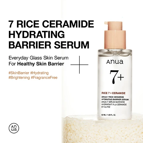 Image 1 - A clear skincare serum bottle with a light pink pump, labeled Anua 7+, is positioned on a bed of white rice grains, with accompanying text that reads 7 RICE CERAMIDE HYDRATING BARRIER SERUM, Everyday Glass Skin Serum For Healthy Skin Barrier, #SkinBarrier #Hydrating #Brightening #FragranceFree, and on the bottle, additional text RICE 7 + CERAMIDE and 50 ML / 1.69 FL. OZ. Image 2 - A clear bottle of Anua 7+ Rice 7 + Ceramide serum with a beige pump applicator dispensing serum is shown alongside product details including Everyday Brightening & Moisturizing Serum For Normal Skin Types, BRIGHTENS UNEVEN SKIN TONE Helps to achieve clear skin with brighter complexion, SOOTHES & HYDRATES THE SKIN Helps to hydrate and calm any irritation, HELPS ENHANCE THE SKIN BARRIER The product has a unique elastic consistency and enhances the skin barrier for healthier complexion, ANUA 7 RICE CERAMIDE HYDRATING BARRIER SERUM, ANUA 7 SÉRUM BARRIÈRE HYDRATANT À LA CÉRAMIDE. Image 3 - A skincare product bottle, labeled Anua Rice 70 Glow Milky Toner, is partially submerged in water with rice grains at the bottom, and the image displays text that reads RICE 70 GLOW MILKY TONER +, Lightweight Milky Toner For Bright Glowy Skin, #RiceWater #MilkyToner #Brightening #GlowySkin, Anua logo, Anua 70+, RICE 70 + CERAMIDE, ANUA RICE 70 GLOW MILKY TONER, LAIT DEAU LUMINEUX AU RIZ, A hydrating milky toner enriched with Rice Bran Water for the skin glow with a refreshing lightweight finish., and 200ml / 6.76 FL. OZ. Image 4 - A cosmetic product image featuring an Anua Rice 70+ Glow Milky Toner bottle with splashing liquid and a golden pour, accompanied by text outlining product benefits: Hydrates & Brightens Skin To Achieve Glass Skin, BRIGHTENS UNEVEN SKIN TONE Helps to achieve clear skin with brighter complexion, BALANCES EXCESS SEBUM PRODUCTION Helps control oiliness and sebum, HELPS PROTECT THE SKIN BARRIER Milky yet hydrating consistency helps to enhance radiance and and helps form stronger barrier, Anua 70+, RICE 70 + CERAMIDE, ANUA RICE 70 GLOW MILKY TONER, ANUA 70 TONER, LAITEUX LUMINEUX AU RIZ, Moisturizing milky toner enriched with Rice Bran Water helps the skin glow with a refreshing lightweight finish, 200 ml / 6.42 fl. oz. Image 5 - A white bottle of Anua skincare product, labeled Anua 70+, stands among rice stalks and loose grains, with visible text reading RICE 70 INTENSIVE MOISTURIZING MILK, Glowy hydration for radiant, nourished glass skin, #RiceWater #Ceramide #MilkyLotion #GlassSkin, Anua logo, on the bottle Anua 70+, RICE 70 + CERAMIDE, ANUA RICE 70 INTENSIVE MOISTURIZING MILK, ANUA 70 LAIT HYDRATANT INTENSE AU RIZ, This non-sticky moisturizing lotion contains rice bran water and ceramides to hydrate and brighten the skin with a refreshing finish, to help achieve clear and healthy skin, 150 ML / 5.07 FL. OZ. Image 6 - A white pump bottle of Anua 70+ Daily Hydrating Lotion stands on a white background with subtle swirls, featuring text that reads Daily Hydrating Lotion, ANUA RICE WATER+™ Helps improve skin clarity and balance, NIACINAMIDE Enhances dull complexion, CERAMIDES + SQUALANE Deeply moisturizes and hydrates the skin, and on the bottle RICE 70 + CERAMIDE, ANUA RICE 70 INTENSIVE MOISTURIZING MILK, ANUA 70 LAIT HYDRATANT INTENSE AU RIZ, This non-sticky moisturizing lotion contains rice bran water and ceramides to hydrate and brighten the skin with a refreshing finish, to help achieve clear and healthy skin, 150 ML / 5.07 FL. OZ. Image 7 - A product image displays an Anua Rice 70 + Ceramide Glow Collagen Mask box, which is light beige with a rice stalk design, placed beside a translucent sheet mask, and includes text reading RICE 70 COLLAGEN MASK, Delivers a Hydrated Glow & Visibly Firmer-Looking Skin, Anua RICE 70 + CERAMIDE GLOW COLLAGEN MASK, 38 G / NET WT. 1.34 OZ. - 4 EA. Image 8 - Skincare product advertisement featuring a white pouch for Anua Rice 70 Glow Collagen Mask surrounded by light beige product textures resembling rice and dried rice stalks, with the visible text: Glow & Fresh for Your Skin, Anua, RICE 70 + CERAMIDE, ANUA RICE 70 GLOW COLLAGEN MASK, ANUA MASQUE, RADIANCE AU COLLAGENE ET RIZ 70, RICE WATER+™ Helps improve skin clarity and balance, CERAMIDE Helps keep the skins moisture barrier, SOLUBLE COLLAGEN 60ppm Low molecular collagen helps the skin feel smoother and firmer, 38 G / NET WT. 1.34 OZ., GLOW.