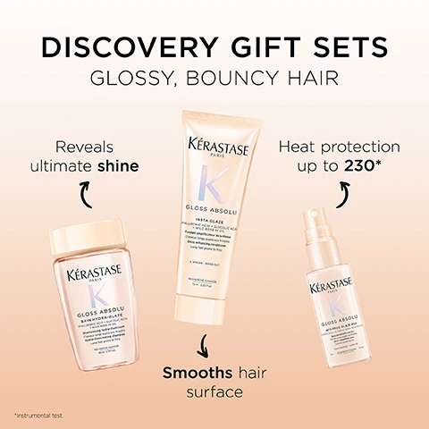 Image 1 - Discovery Gift Sets for glossy, bouncy hair are displayed with three Kérastase Gloss Absolu products: a shampoo bottle that reveals ultimate shine, an Insta Glaze tube that smooths hair surface, and a Hydro-Glaze mist spray providing heat protection up to 230 degrees, based on an instrumental test. Image 2 - A graphic shows three test tubes containing different liquid cosmetic formulas with droppers, with text labels Hyaluronic Acid Formula known to create a smoother surface, Glycolic Acid Formula known to seal cuticles for long lasting shine, and Wild Rose in Oil for a sensorial fragrance. Image 3 - A woman with long, dark, glossy hair looks at the camera, with Kérastase hair products displayed on the right, next to text that reads Gloss Absolu, Up to 4 Days Glossy Hair*, Up to 4 Days Anti-Frizz*, Creates an Ultra-Smooth Surface, Consumer test, 101 consumers. Image 4 - A grid displays three pairs of Before and After images showing transformations of blonde, brown, and dark hair from frizzy to smooth and shiny, alongside a display of Kérastase Gloss Absolu hair products. Image 5 - A light peach Kérastase Paris Gloss Absolu Anti-Frizz Glossy Hair Set box, containing three hair products, is displayed in an airplane with a city view outside the window, with text KÉRASTASE PARIS, GLOSS ABSOLU ANTI-FRIZZ GLOSSY HAIR SET, COFFRET GLOSS POUR CHEVEUX AVEC FRISOTTIS, KÉRASTASE PARIS GLOSS ABSOLU BAIN HYDRA-GLAZE, K GLOSS ABSOLU INSTA GLAZE HYALURONIC ACID + GLYCOLIC ACID MILD ROSE 1% Fondant amplificateur de brillance Cheveux longs ternes ou fragiles Gloss enhancing conditioner Long hair prone to dullness, KÉRASTASE GLOSS ABSOLU ANTI-FRIZZ GLAZE MIST, and SUITABLE FOR TRAVEL. Image 6 - A man with curly hair and a beard smiles while holding Kerastase hair products, next to text that reads GLOSS ABSOLU, THE PROFESSIONAL INSIDE, HOVIG ETOYAN, Global Professional Ambassador, and a testimonial stating My clients want it all : clean yet gentle, sleek yet in-movement, shiny yet weightless. Gloss Absolu is the perfect answer to provide the ultimate glossy, smooth, and bouncy finish. Image 7 - The image features three Kérastase Gloss Absolu hair products—a shampoo bottle, a conditioner tube, and a spray bottle—under the title GLOSS ABSOLU ANTI-FRIZZ GLOSSY HAIR SET, with numbered steps 1 BATHE, 2 TREAT, 3 TEXTURISE below them.