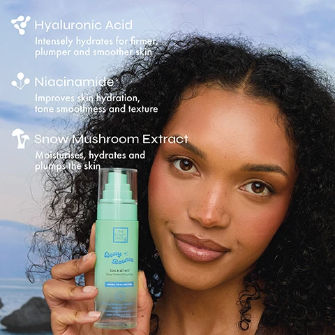 Image 2 - A woman with dark, curly hair and a subtle smile holds a mint green spray bottle of beauty product against a bright blue sky, with text on the left detailing key ingredients and benefits. The visible text reads: Hyaluronic Acid. Intensely hydrates for firmer, plumper and smoother skin. Niacinamide. Improves skin hydration, tone smoothness and texture. Snow Mushroom Extract. Moisturises, hydrates and plumps the skin. On the bottle: THE BEAUTY CROP. Dewy Bounce. SEAL & SET MIST. Spray Fixateur Maquillage. SUITABLE FOR ALL SKIN TYPES. With Snow Mushroom, Niacinamide & Hyaluronic Acid. Avec niacinamide de champignon des neiges et acide hyaluronique. 100ml e 3.4fl.oz. Image 3 - A light green spray bottle of The Beauty Crop Dewy Bounce Seal & Set Mist, a makeup setting spray, is surrounded by blue and teal spheres; text highlights its features: Smudgeproof and transfer-resistant, Sets makeup for up to 16-hour wear, Leaves skin with a hydrated, dewy finish, Suitable for all skin types, With Snow Mushroom, Niacinamide & Hyaluronic Acid, Avec niacinamide de champignon des neiges et acide hyaluronique, 100ml e 3.4fl.oz.