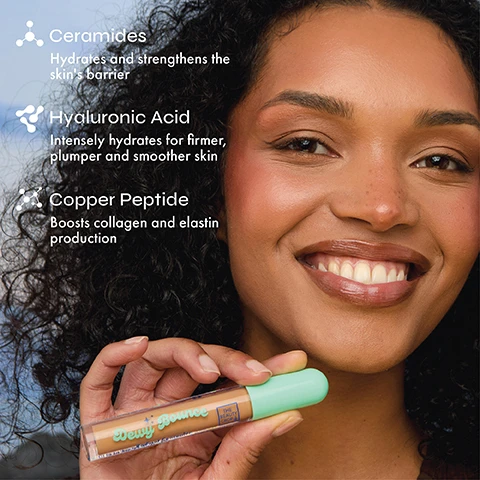 Image 3 - A smiling woman with dark curly hair holds a concealer tube that reads Dewy Bounce Hydrating Serum Concealer and THE BEAUTY CROP, while text on the left lists ingredients and benefits: Ceramides Hydrates and strengthens the skins barrier, Hyaluronic Acid Intensely hydrates for firmer, plumper and smoother skin, and Copper Peptide Boosts collagen and elastin production. Image 4 - Two tubes of concealer, one light and one dark, with their applicators extended, are shown on a light background surrounded by teal and blue spheres; visible text includes Lightweight formula with a radiant finish, Ultra-creamy texture that wont cake or crease, Medium, buildable coverage, and on the product labels Dewy Bounce Radiant Concealer and THE BEAUTY CROP.