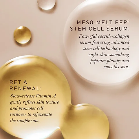 Two product descriptions appear on stylized liquid drops on a light background: MESO-MELT PEP⁸ STEM CELL SERUM Powerful peptide-collagen serum featuring advanced stem cell technology and eight skin-smoothing peptides plumps and smooths skin, and RET A RENEWAL Slow-release Vitamin A gently refines skin texture and promotes cell turnover to rejuvenate the complexion.