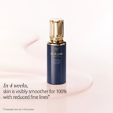 Image 2 - A dark blue skincare bottle with a golden cap stands centered on a light pink background, with the bottle label displaying Clé de Peau Beauté, Émulsion Nuit Intensive, Intensive Night Emulsion, and additional text on the left and bottom left of the image reading In 4 weeks, skin is visibly smoother for 100% with reduced fine lines* and *Consumer test on 110 women. Image 3 - A promotional image showing two circular insets: the top left displays bitter orange flowers with green leaves, and the bottom right features white lily flowers interwoven with clear glass tubes containing liquid, with the text Bitter Orange Flower Extract to support the skins 24-hour circadian rhythm* and Radiant Lily Extract to act on skin defense, along with *In-vitro test. Image 4 - The image features two cosmetic bottles with gold caps, a white one labeled Clé de Peau BEAUTÉ EMULSION JOUR PROTECTRICE PROTECTIVE DAY EMULSION and a dark blue one labeled Clé de Peau BEAUTÉ EMULSION NUIT INTENSIVE INTENSIVE NIGHT EMULSION, positioned in front of blurred white lilies and clear liquid-filled tubes, with the text PLUMP, with the Day/Night Emulsions displayed above.