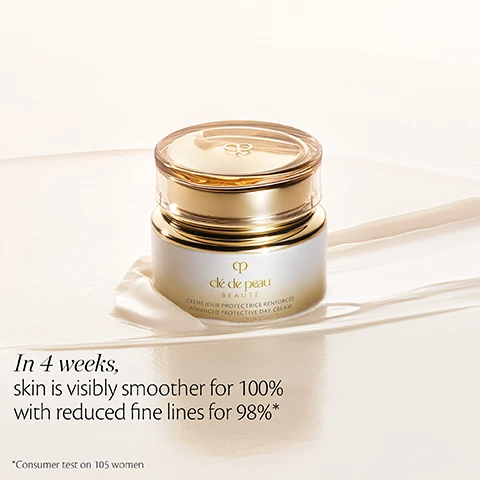 Image 2 - A luxurious gold and white cosmetic jar with a brand logo on the lid sits on a creamy surface with text reading Cle de Peau BEAUTE CRÈME JOUR PROTECTRICE RENFORCÉE ADVANCED PROTECTIVE DAY CREAM, and additional text stating In 4 weeks, skin is visibly smoother for 100% with reduced fine lines for 98%* and *Consumer test on 105 women. Image 3 - The image displays three circular insets featuring plant extracts: bright green hydrangea serrata leaves, white lily flowers with a clear glass tube, and orange gardenia fruits, accompanied by the text: HYDRANGEA SERRATA LEAF EXTRACT TO SUPPORT THE SKINS 24-HOUR CIRCADIAN RHYTHM*, RADIANT LILY EXTRACT TO ACT ON SKIN DEFENSE, GARDENIA EXTRACT TO SUPPRESS BREAKDOWN OF SKIN COMPONENT*, and *In-vitro test. Image 4 - Two Clé de Peau Beauté cream jars, one white and gold labeled Advanced Protective Day Cream and one blue and gold labeled Advanced Intensive Night Cream, are displayed on a reflective surface with white flowers and clear tubes with liquid droplets in the background, with the text FIRM, with the Day/Night Creams, Clé de Peau Beauté, CRÈME JOUR PROTECTRICE RENFORCÉE, ADVANCED PROTECTIVE DAY CREAM, Clé de Peau Beauté, CRÈME NUIT INTENSIVE RENFORCÉE, ADVANCED INTENSIVE NIGHT CREAM.