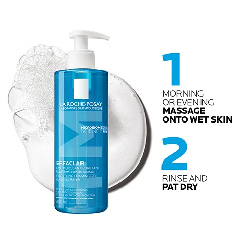 Image 1 - A blue pump bottle is depicted, with its label text reading LA ROCHE-POSAY LABORATOIRE DERMATOLOGIQUE, MICROBIOME SCIENCE, EFFACLAR, GEL MOUSSANT PURIFIANT Équilibre le pH de la peau, PURIFYING FOAMING GEL Balances skin pH, TESTÉ SUR PEAUX GRASSES À TENDANCE ACNÉIQUE, TESTED ON OILY ACNE-PRONE SKIN, 400 ml, 13.52 FL. OZ., and is surrounded by white foam, alongside instructions 1 MORNING OR EVENING MASSAGE ONTO WET SKIN, 2 RINSE AND PAT DRY. Image 2 - A white bottle of La Roche-Posay Anthelios UVMUNE 400 SPF 50+ Oil Control Fluide / Fluid is shown, bearing the text LA ROCHE-POSAY LABORATOIRE DERMATOLOGIQUE, ANTHELIOS UVMUNE 400, 50+ spf, Très haute protection / Very high protection, UVB + UVA, ANTI-OXYDANT, OIL CONTROL FLUIDE / FLUID, ULTRA LONG-UVA PROTECTION, and UVB SHORT UVA LONG UVA 400nm, with accompanying promotional text that states 92% AGREE SKIN LOOKS LESS OILY*, ABSORBS SEBUM AND REDUCES THE APPEARANCE OF PORES, SUITABLE FOR ACNE-PRONE SKIN, and the footnote *Self-assessment, 106 subjects. Image 3 - A split image shows two microscopic views, the left displaying interconnected orange and white cellular structures with the text Mexoryl 400 and Protects against the most penetrative UV rays, and the right displaying a dark green sponge-like porous material with the text Air-licium and Long-lasting mattifying effect, with disclaimer text at the bottom stating Ultra-long UVA rays (380-400nm). UVA causes premature ageing. **Self-assessment, 104 subjects. Image 4 - A turquoise La Roche-Posay Effaclar A.Z. Gel-Crème bottle stands on a white pedestal with text reading 74% SAW FEWER ADULT SPOTS* and 93% SAW PLUMPER SKIN**, and the bottle itself shows LA ROCHE-POSAY LABORATOIRE DERMATOLOGIQUE EFFACLAR A.Z. GEL-CRÈME ANTI-IMPERFECTIONS, ANTI-MARQUES, ANTI-RIDES. AVEC DE LEAU THERMALE DE LA ROCHE-POSAY, with footnotes explaining *Clinical study and self assessment, 81 subjects, application twice a day and **Clinical study and self assessment, 42 subjects, application twice a day during 56 days. Image 5 - A teal green pump bottle of La Roche-Posay Effaclar A.Z. Gel-Creme stands against a white background with swirling blue and green abstract patterns, displaying the text DERM RECOMMENDED TRI-ACID COMPLEX FORMULA; 10% AZELAIC ACID GENTLY EXFOLIATES, REDUCING THE APPEARANCE OF BREAKOUTS & POST-ACNE MARKS, SALICYLIC ACID UNCLOGS PORES TO HELP PREVENT NEW ADULT SPOTS, HYALURONIC ACID PLUMPS & SMOOTHES TO REDUCE THE APPEARANCE OF FINE LINES & WRINKLES, and on the bottle: LA ROCHE-POSAY LABORATOIRE DERMATOLOGIQUE EFFACLAR A.Z. GEL-CREME ANTI-IMPERFECTIONS ANTI-MARQUES ANTI-RIDES ANTI-IMPERFECTIONS ANTI-MARQUES ANTI-RIDES AVEC DE LEAU THERMALE DE LA ROCHE-POSAY. Image 6 - A teal pump bottle of La Roche-Posay Effaclar A.Z. Gel-Crème stands on a dark teal background with a glossy, wavy teal pattern, displaying the text LA ROCHE-POSAY LABORATOIRE DERMATOLOGIQUE, EFFACLAR A.Z. GEL-CRÈME, ANTI-IMPERFECTIONS ANTI-MARQUES ANTI-RIDES, ANTI-IMPERFECTIONS ANTI-MARKS ANTI-WRINKLES GEL-CREAM, AVEC DE LEAU THERMALE DE LA ROCHE-POSAY, and a prominent claim Nº1 DERMATOLOGIST RECOMMENDED BRAND IN THE UK* followed by the small print *Study of 78 Consultant Dermatologists Jan-April 2024. For more info visit https://www.laroche-posay.co.uk/en_GB/numberclaim.html. Image 7 - The image displays a La Roche-Posay skincare routine with numbered steps: 1 Effaclar Gel Cleanser in a blue pump bottle, 2 Effaclar A.Z. Gel-Cream in a teal pump bottle with day and night icons, 3 Anthelios UVMune 400 Oil Control SPF 50+ in a white bottle, and an additional smaller blue dropper bottle labeled + ONCE/TWICE PER WEEK EFFACLAR SERUM FOR CONCENTRATED EXFOLIATION, with a moon icon.