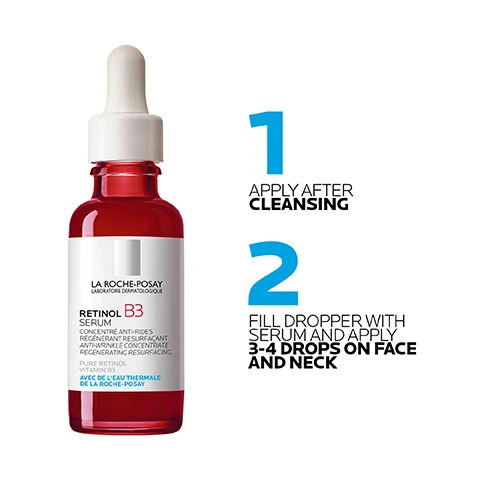 Image 1 - A red La Roche-Posay Retinol B3 Serum dropper bottle is shown with application instructions: 1 Apply after cleansing, 2 Fill dropper with serum and apply 3-4 drops on face and neck. The bottle label details: LA ROCHE-POSAY LABORATOIRE DERMATOLOGIQUE RETINOL B3 SERUM CONCENTRÉ ANTI-RIDES RÉGÉNÉRANT RESURFAÇANT ANTI-WRINKLE CONCENTRATE REGENERATING RESURFACING PURE RETINOL VITAMIN B3 AVEC DE LEAU THERMALE DE LA ROCHE-POSAY. Image 2 - A white swipe of cream is displayed on a white background with blue lines pointing to text that reads: FASTER AND BETTER SKIN REPAIR FROM DAY 1*, RESPECTS THE SKIN MICROBIOME, REDUCES THE CAUSES OF LONG-TERM SCARRING*, and *SKIN BARRIER REPAIR. INSTRUMENTAL TEST, 26 SUBJECTS VS UNTREATED SKIN. Image 3 - A white tube of La Roche-Posay Cicaplast Baume B5 cream is presented against a white background, displaying product information and instructions in multiple languages on its left half, with highlighted blue text detailing its key benefits on the right, and the visible text reads as follows: 3612623166215, BAUME ULTRA-REPARATEUR APAISANT ANTI-MARQUES, Irritations et échauffements cutanés, UTILISATION, Appliquer 2 fois par jour sur une peau nettoyée, Eviter le contour des yeux, Ne pas appliquer sur une peau lésée, Ne pas avaler, Garder hors de portée des enfants, Sans contact avec les yeux, Eviter le contact avec les yeux, ULTRA-REPAIRING SOOTHING BALM, Skin irritation and cutaneous heating sensations, USE, Apply twice daily to clean, dry skin, Avoid the eye contour area, Do not apply on broken skin, Do not swallow, Keep out of reach of children, Fragrance-free, BALSAMO CALMANTE ULTRA REPARADOR, Irritaciones y calentamientos cutáneos, SUPERVISIÓN, Aplicar 2 veces al día, Evitar el contorno de los ojos, No ingerir, Mantener fuera del alcance de los niños, Sin contacto con los ojos, BALSAMO APAZIGUANTE ULTRAREPARADOR, Irritações e aquecimentos cutâneos, UTILIZAÇÃO, Aplicar 2 vezes ao dia, Evitar o contorno dos olhos, Não ingerir, Manter fora do alcance das crianças, Não aplicar sobre a pele lesada, Sem perfume, BALSAM ULTRA-REPARADOR E BERUHIGENDER BALSAM, Irritierte oder gereizte Haut, ANWENDUNG, 2 mal täglich auf die gereinigte und trockene Haut auftragen, Geeignet für Körper, Gesicht und Lippen, Die Augenpartie aussparen, Nicht auf offenen Wunden anwenden, Ohne Duftstoffe, BALSAMO LENITIVO ULTRA-REPARATORE, Irritazioni legate alla cute, MODO DUSO, Applicare 2 volte al giorno sulla pelle pulita, Evitare il contorno occhi, Non ingerire, Mantenere fuori dalla portata dei bambini, Senza profumo, HUIDBARRIÈRE HERSTELENDE BALSEM, Huidirritaties en warm aanvoelende huid, GEBRUIK, 2 maal daags aanbrengen op een vooraf gereinigde en droge huid, Parfumvrij, Distribution réservée aux dépositaires agréés La Roche-Posay, London W6 8AZ, Made in France, TSA 75000 93584 ST OUEN CEDEX FR, www.laroche-posay.com, e 100 ml / 100 g with period-after-opening and recycling symbols, and the highlighted text reads: SPECIFICALLY FORMULATED FOR UNCOMFORTABLE, DAMAGED, OR IRRITATED SKIN, MINIMALIST & HYPOALLERGENIC FORMULA. Image 4 - A person in a white lab coat is shown against a light blue background with the text N°1 DERMATOLOGIST RECOMMENDED BRAND IN THE UK* and below it *Study of 73 Consultant Dermatologists Jan-April 2023.