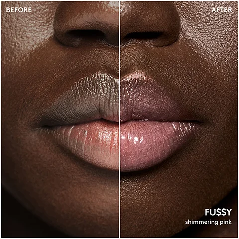A split image shows a close-up of dark skin lips, with the left side displaying natural lips labeled BEFORE and the right side displaying lips with shimmering pink gloss labeled AFTER, FU$$Y, shimmering pink.