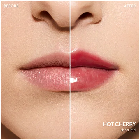 A split image of a persons lower face and lips, showing the left side with natural lips labeled BEFORE and the right side with glossy, sheer red tinted lips labeled AFTER, with additional text HOT CHERRY sheer red.