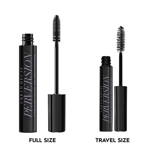 Image 1 - Two black mascara tubes, one large and one small, are displayed side-by-side with their wands extended, showing the text Urban Decay Perversion Hyper Black Volume and Length Mascara, Full Size, Urban Decay Perversion, Travel Size. Image 2 - A split image shows a close-up of an eye, with the top half displaying natural eyelashes labeled WITHOUT and the bottom half showing the same eye with volumized eyelashes from mascara labeled WITH. Image 3 - A black Urban Decay Perversion Hyper Black Volume and Length Mascara tube stands next to its brush wand, with text on the right stating Up To 8x More Volume, Up To +52% Increase in Length, and Up To +28% More Curl, with a small disclaimer at the bottom that reads Based On A 5 Day Consumer Study With 65 Women. Image 4 - A black mascara tube labeled Urban Decay Perversion Hyper Black Volume and Length Mascara is shown next to text that reads Up To 16HR Wear, Flake-Resistant, Smudge-Resistant, Sweat-Resistant, Easy To Remove, with a small note at the bottom right saying Instrumental Test. Image 5 - A close-up shows a person applying black mascara to their upper eyelashes with a wand, with text that reads Coats From Root To Tip For Feathery Volume. Image 6 - The image displays the Urban Decay Perversion Trio, featuring a white primer labeled URBAN DECAY SUBVERSION THICKER LONGER STRONGER for PRIME, a dark purple mascara labeled URBAN DECAY PERVERSION HYPER BLACK VOLUME AND LENGTH MASCARA for VOLUMIZE, and a black eyeliner pencil labeled URBAN DECAY 24/7 GLIDE-ON EYE PENCIL PERVERSION for DEFINE, all set against a blue background. Image 7 - The image shows two purple-black Urban Decay Perversion Hyper Black Volume and Length Mascara tubes, a full size and a travel size, resting on black mascara swatches, with text labels PERVERSION MASCARA VEGAN FORMULA, FULL SIZE, TRAVEL SIZE, and *No animal derived ingredients or by-products.
